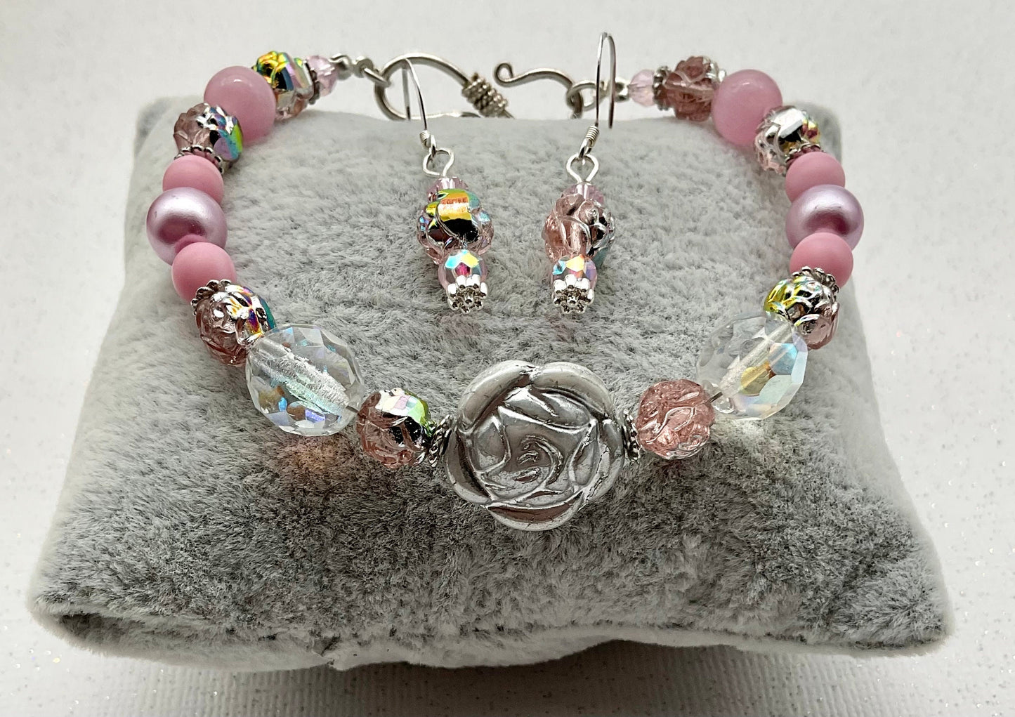 Pink Floral Pearl and Crystal Beaded Bracelet with Matching Earrings