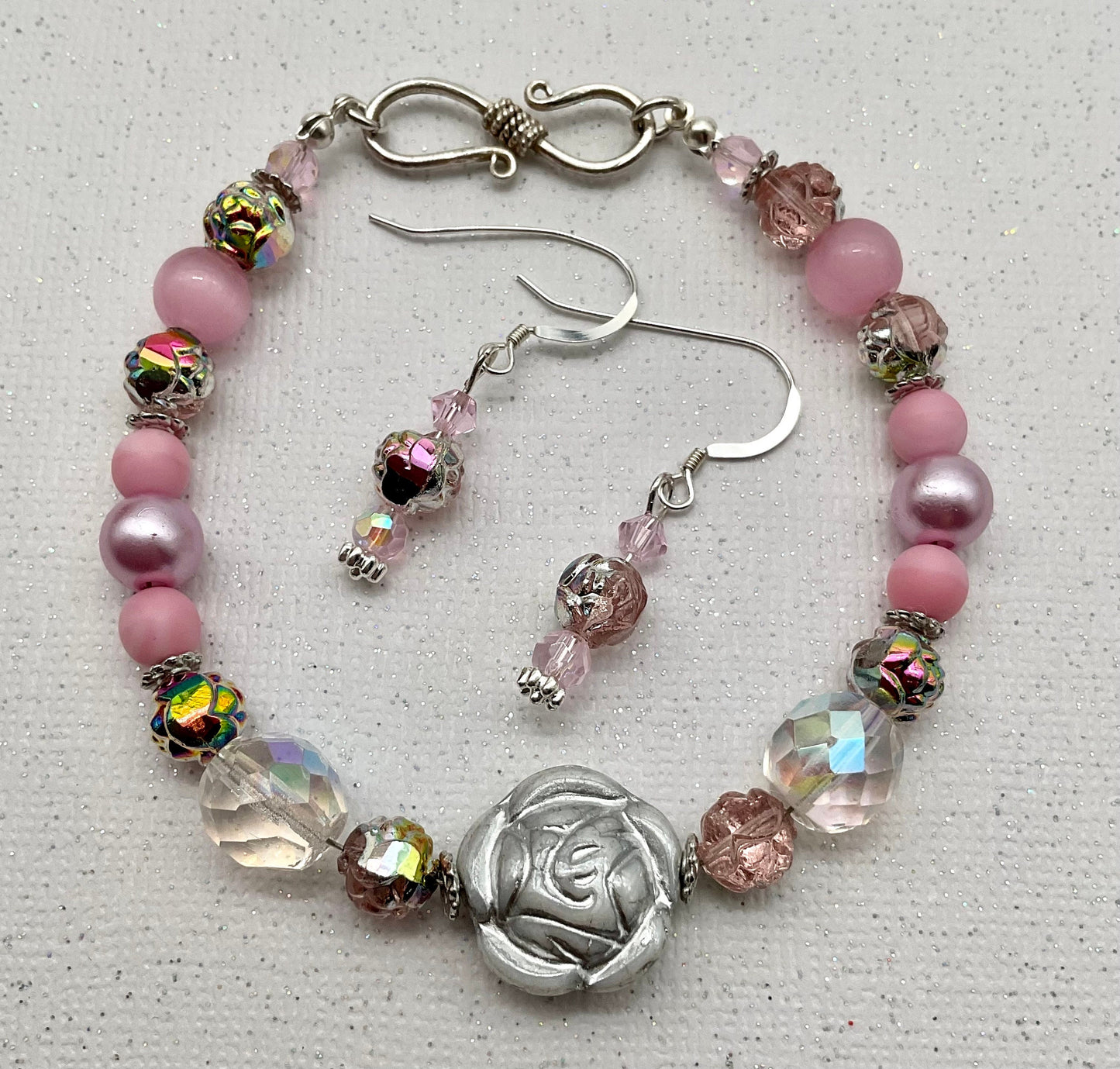 Pink Floral Pearl and Crystal Beaded Bracelet with Matching Earrings