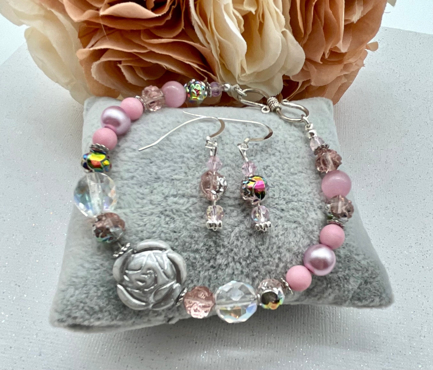 Pink Floral Pearl and Crystal Beaded Bracelet with Matching Earrings