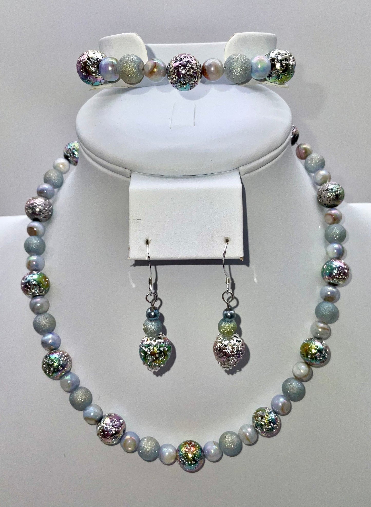 Iridescent Blue Pearl Necklace Bracelet and Earring Set - Hypoallergenic 925 Sterling Silver