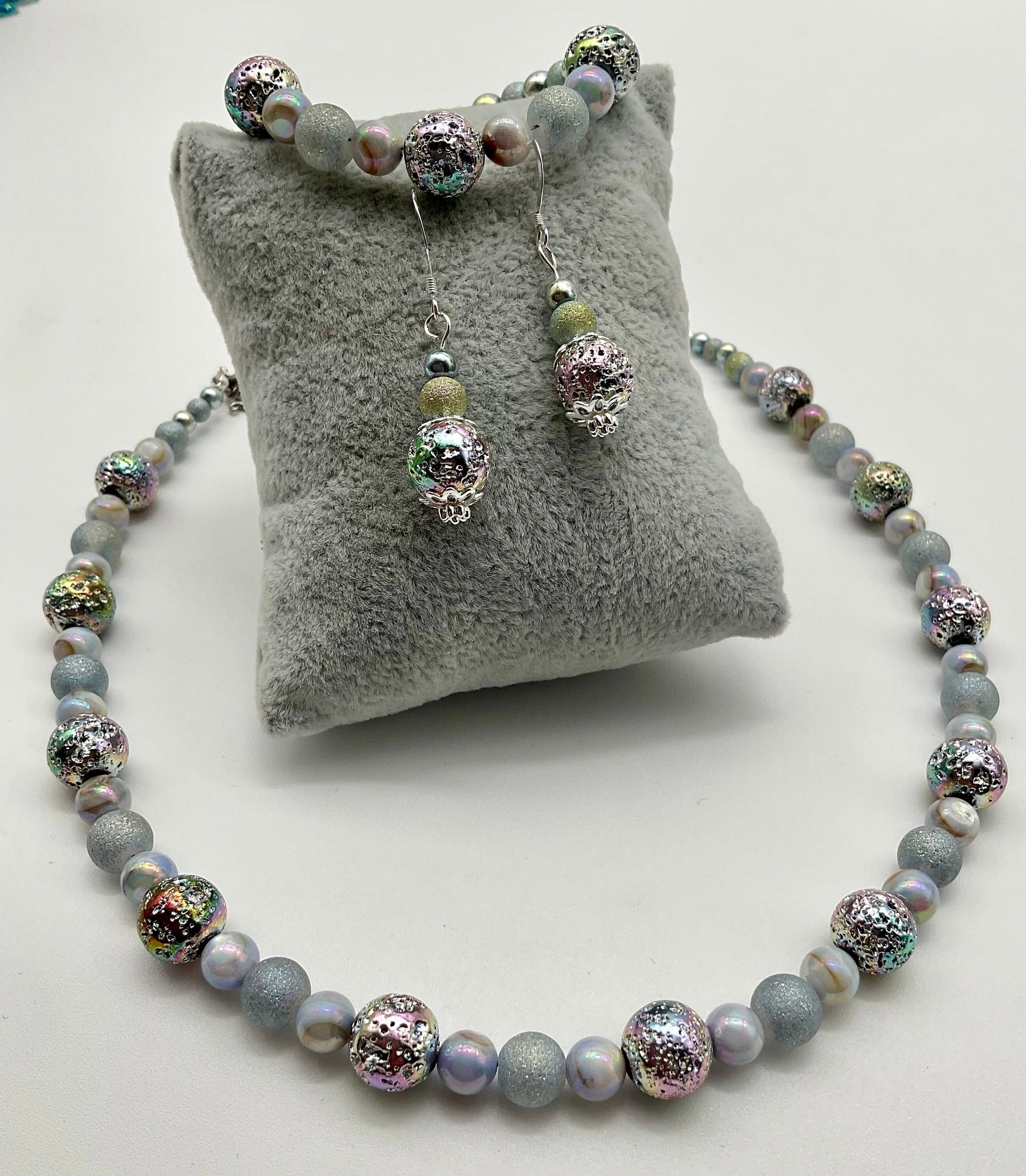 Iridescent Blue Pearl Necklace Bracelet and Earring Set - Hypoallergenic 925 Sterling Silver