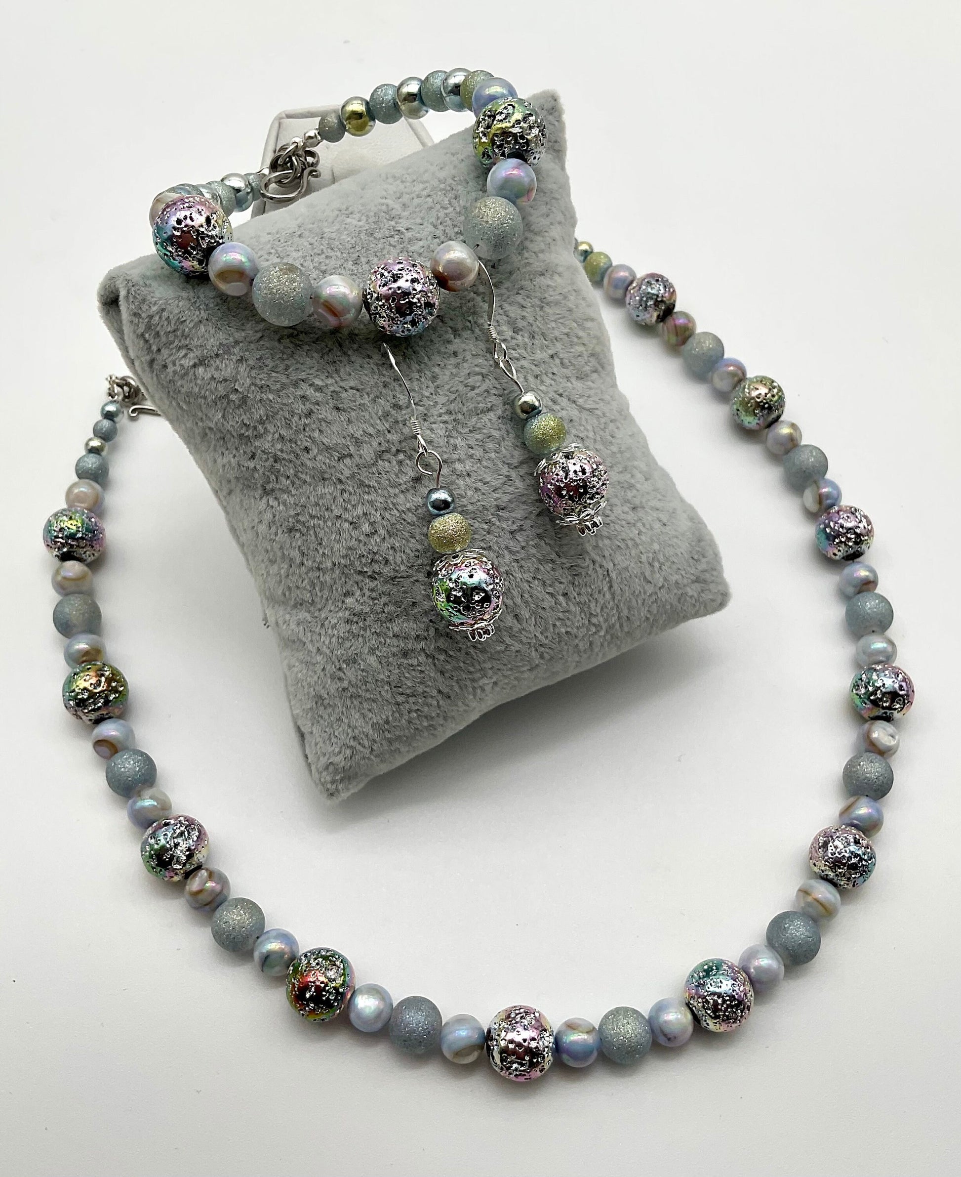 Iridescent Blue Pearl Necklace Bracelet and Earring Set - Hypoallergenic 925 Sterling Silver