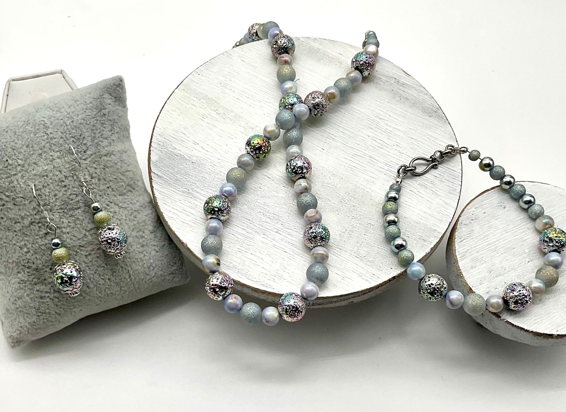 Iridescent Blue Pearl Necklace Bracelet and Earring Set - Hypoallergenic 925 Sterling Silver