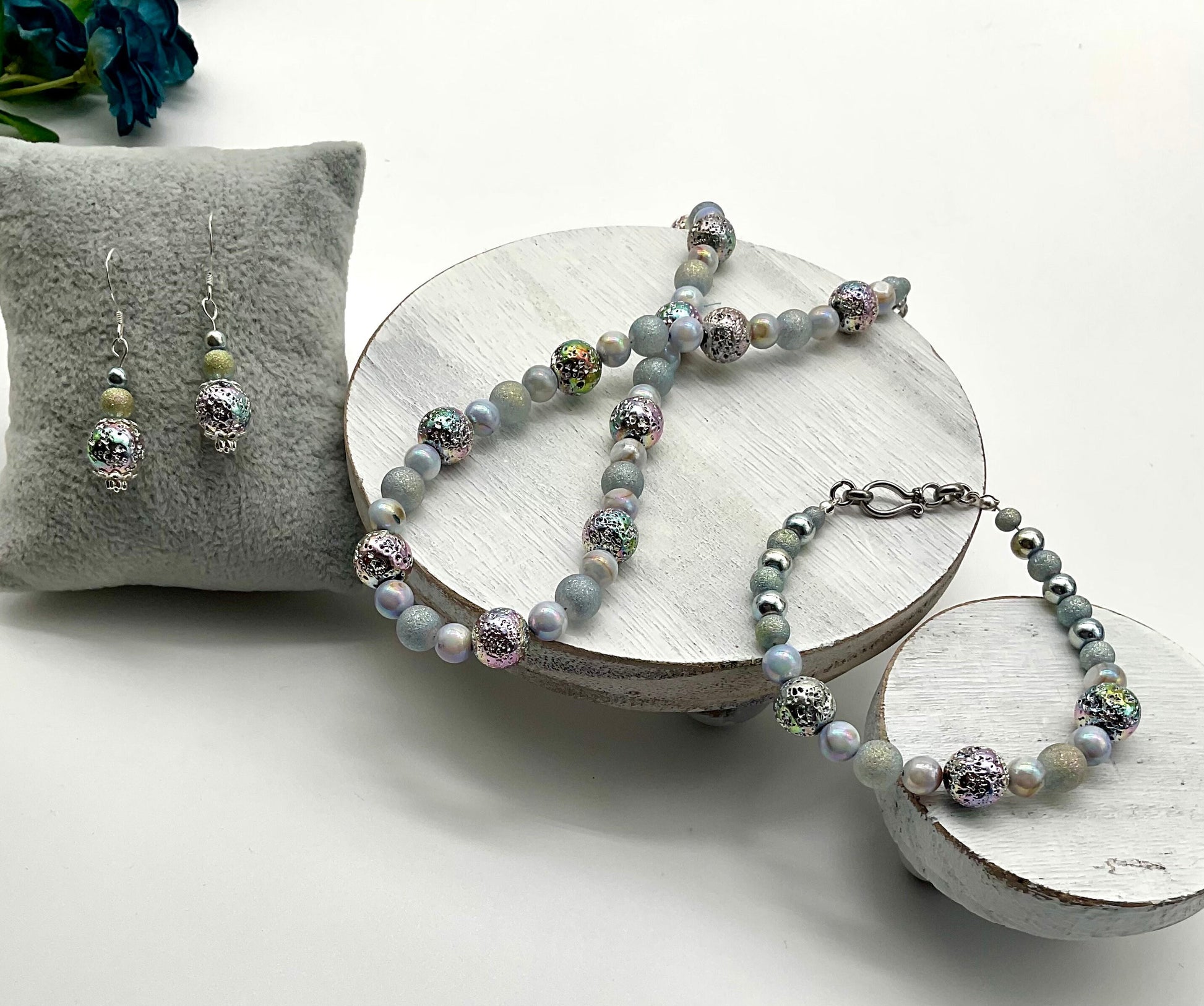 Iridescent Blue Pearl Necklace Bracelet and Earring Set - Hypoallergenic 925 Sterling Silver