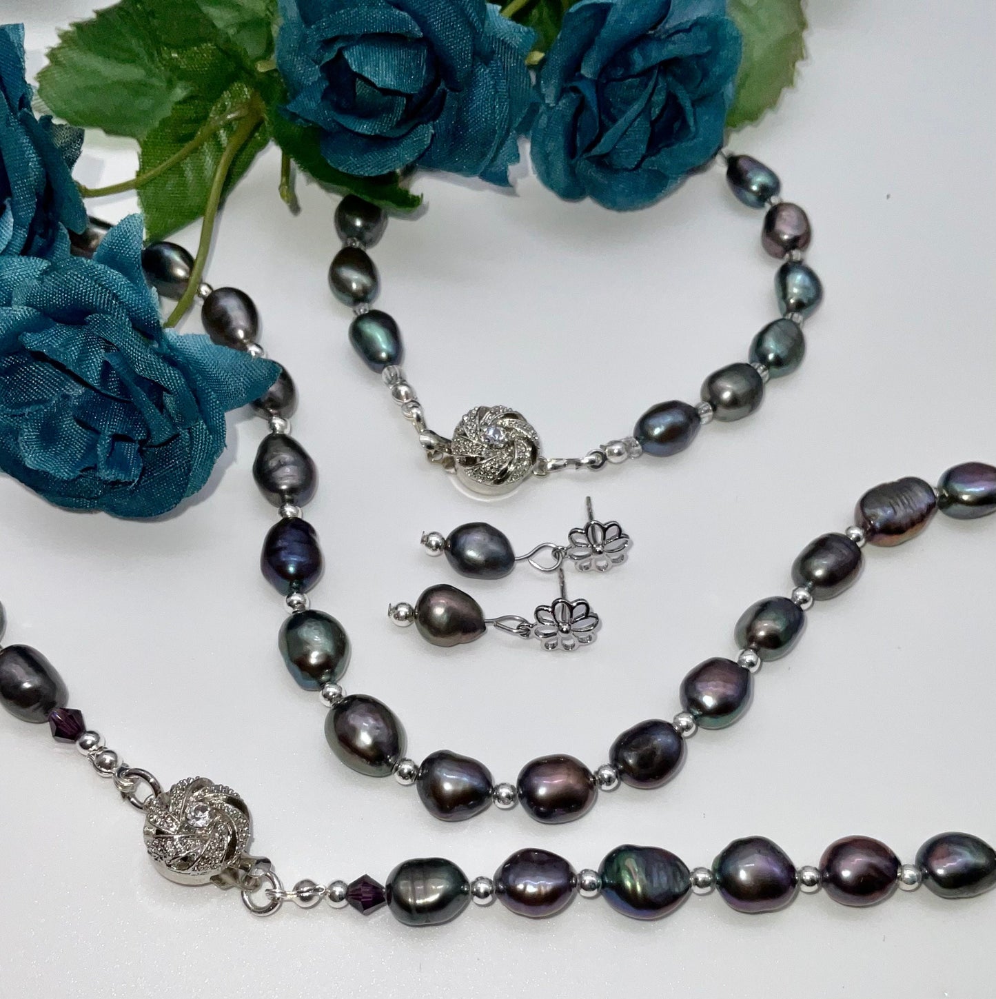 Genuine Baroque Turquoise Peacock Purple Colored Pearl Necklace with Silver Beads and Matching Bracelet and Earring Set