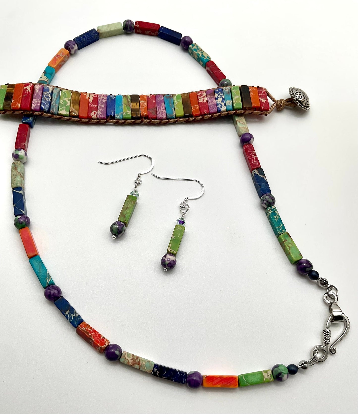 Multi Colored Natural Agate Stone Beaded Necklace, Bracelet with Matching Earrings