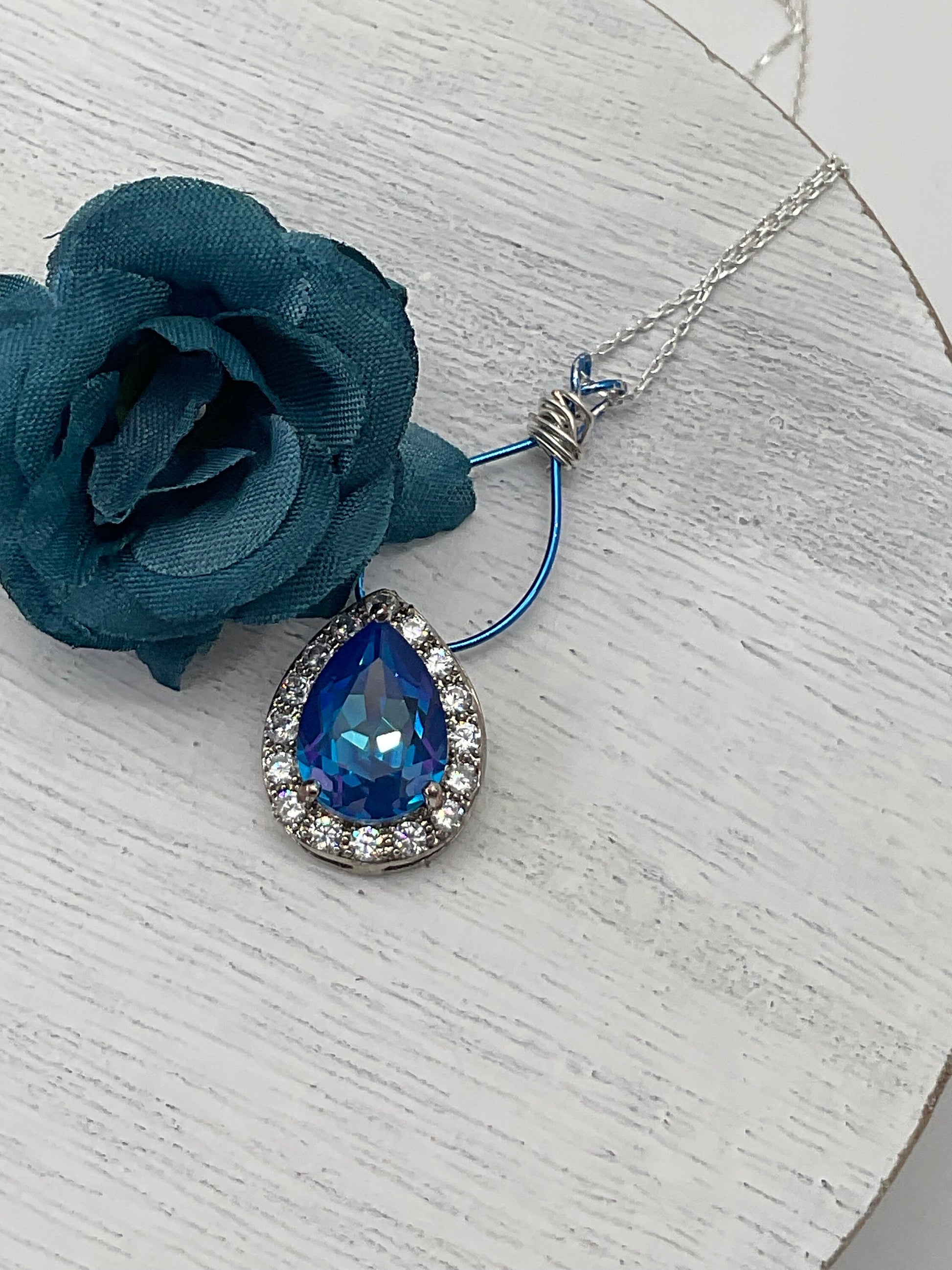 Preciosa Crystal Passions Blue Pear Shaped Pendant on a 925 Sterling Silver 18” Necklace