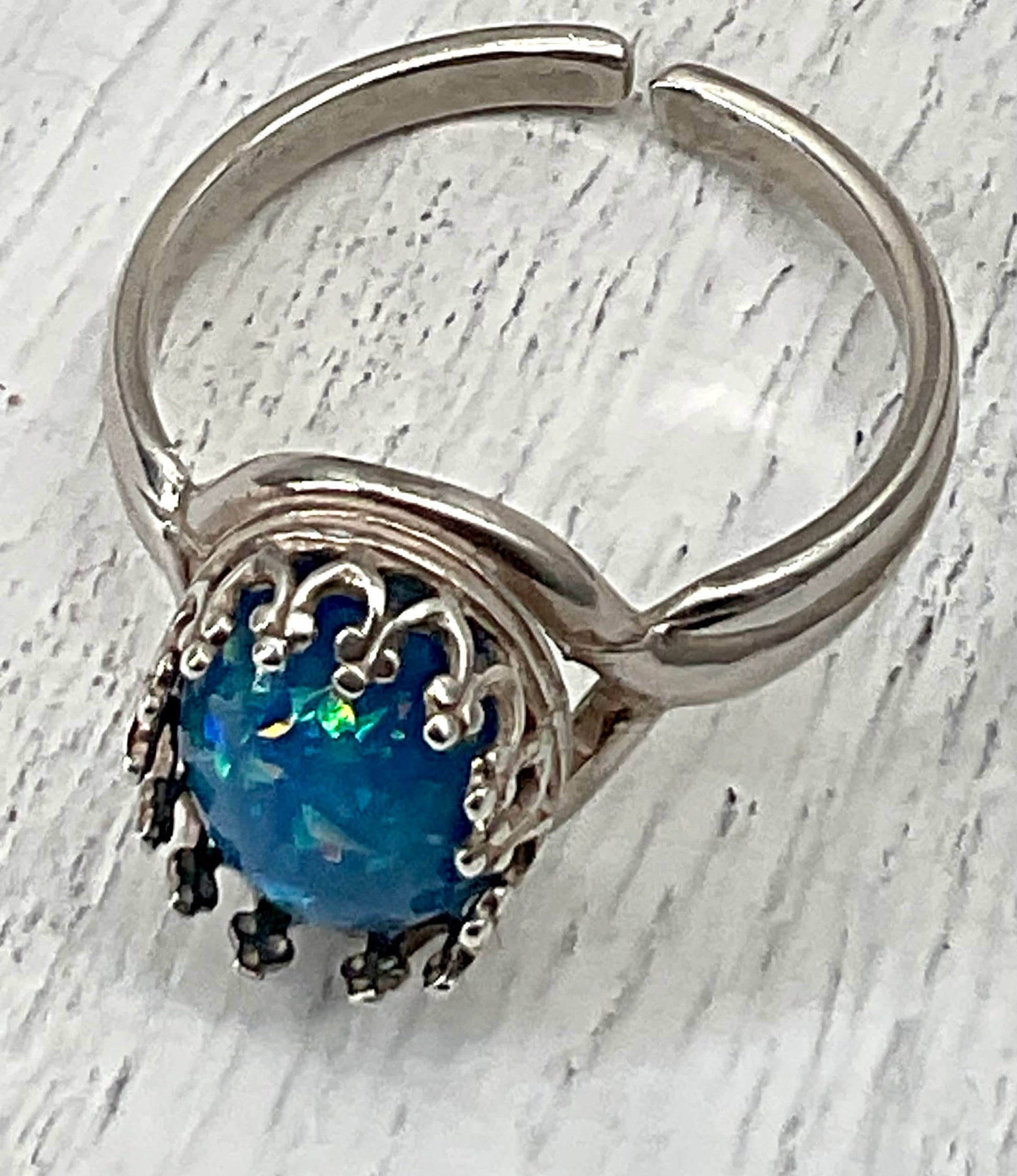 Blue - Green Opal Oval Ring in Adjustable Antique 925 Sterling Silver Band