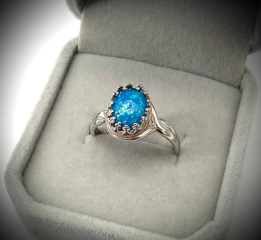 Blue - Green Opal Oval Ring in Adjustable Antique 925 Sterling Silver Band