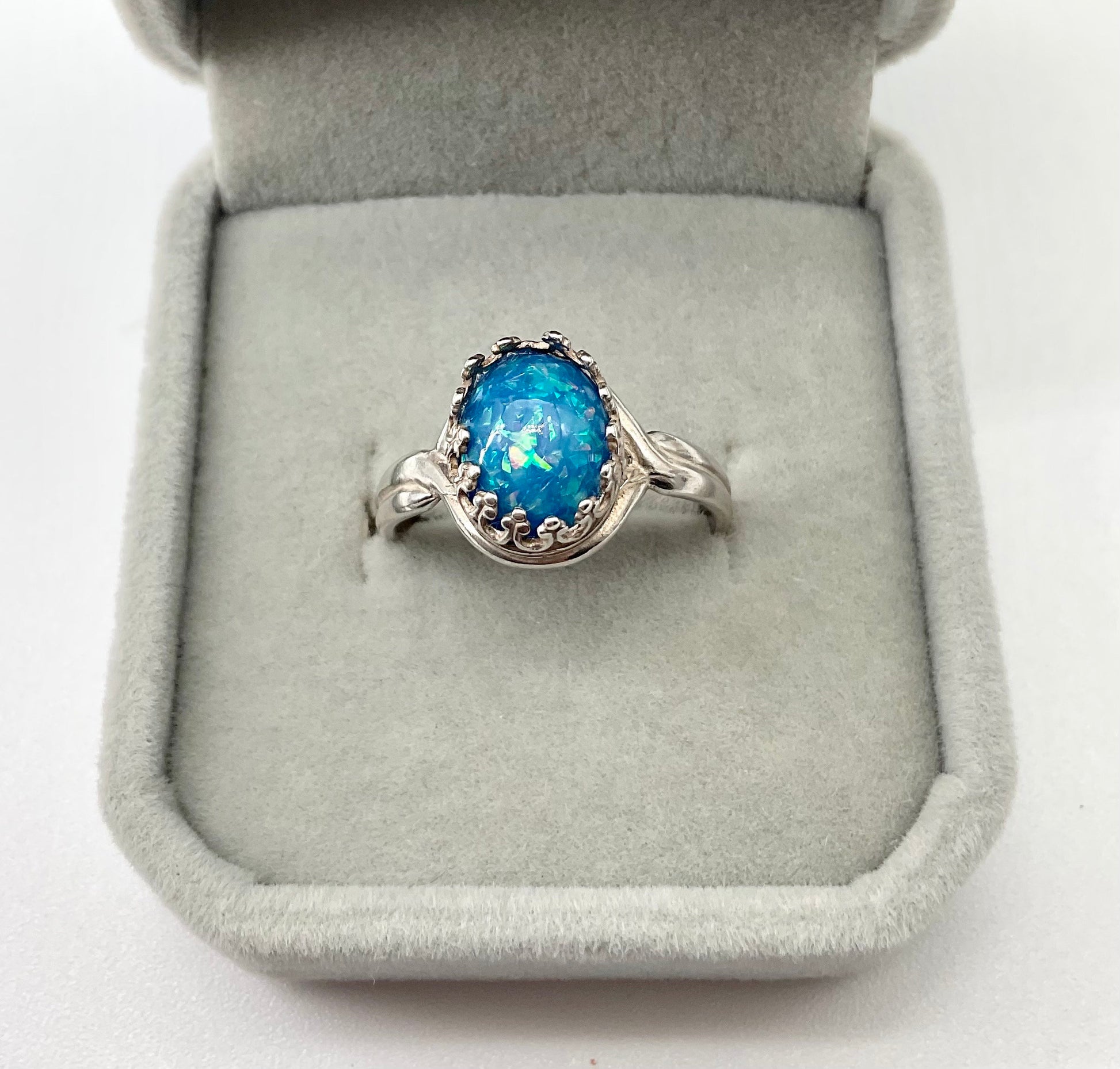 Blue - Green Opal Oval Ring in Adjustable Antique 925 Sterling Silver Band