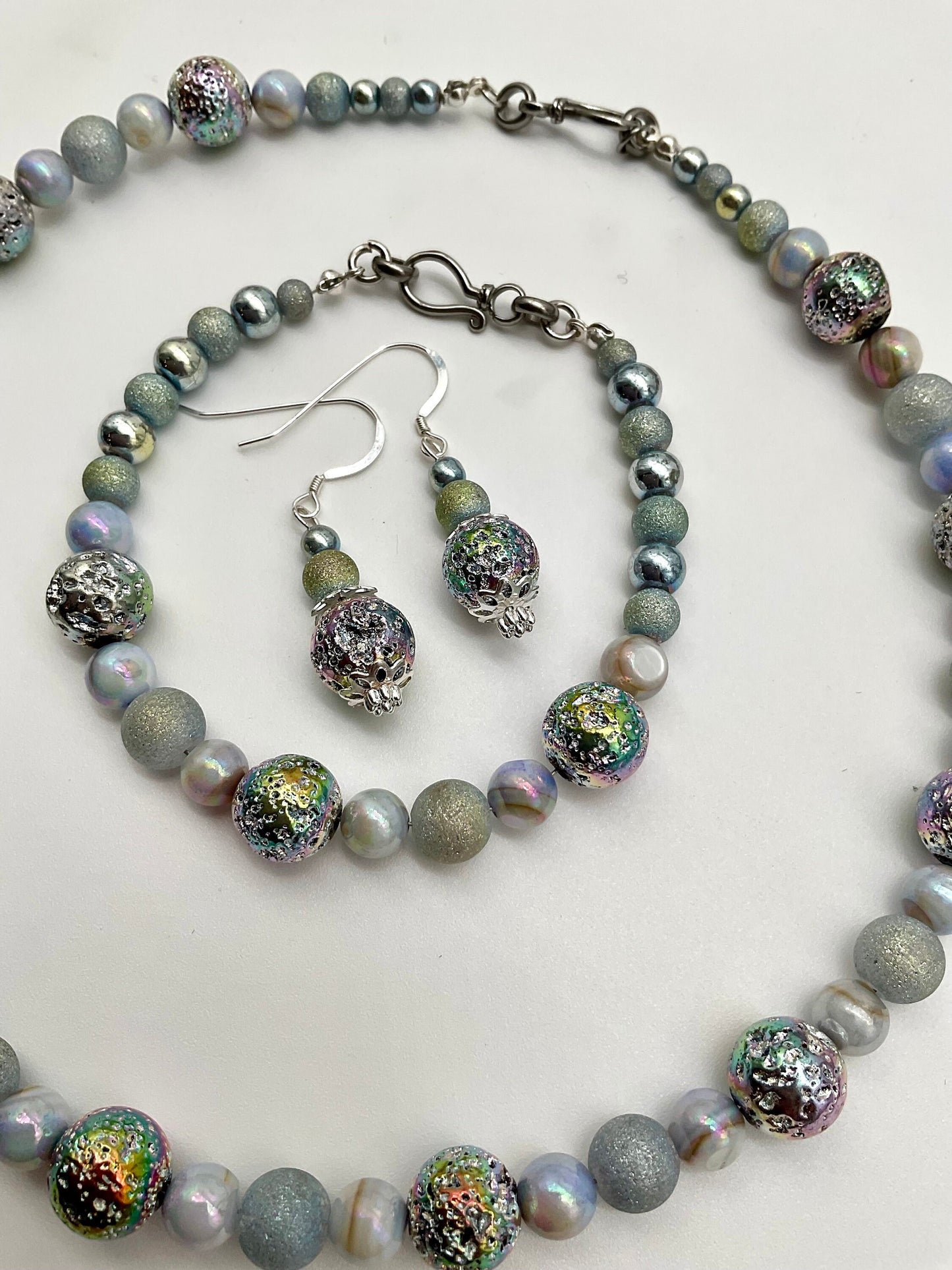 Iridescent Blue Pearl Necklace Bracelet and Earring Set - Hypoallergenic 925 Sterling Silver