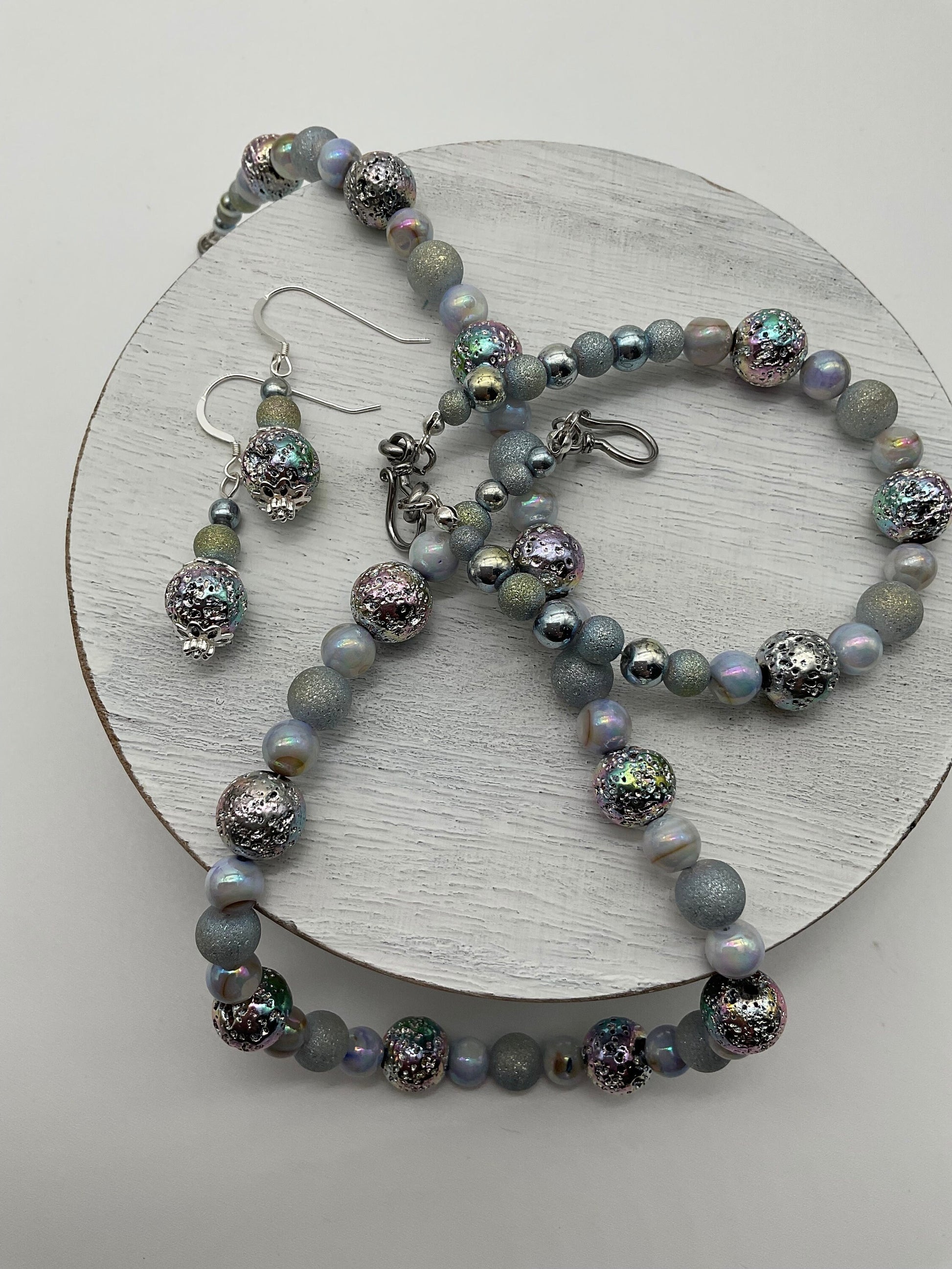 Iridescent Blue Pearl Necklace Bracelet and Earring Set - Hypoallergenic 925 Sterling Silver