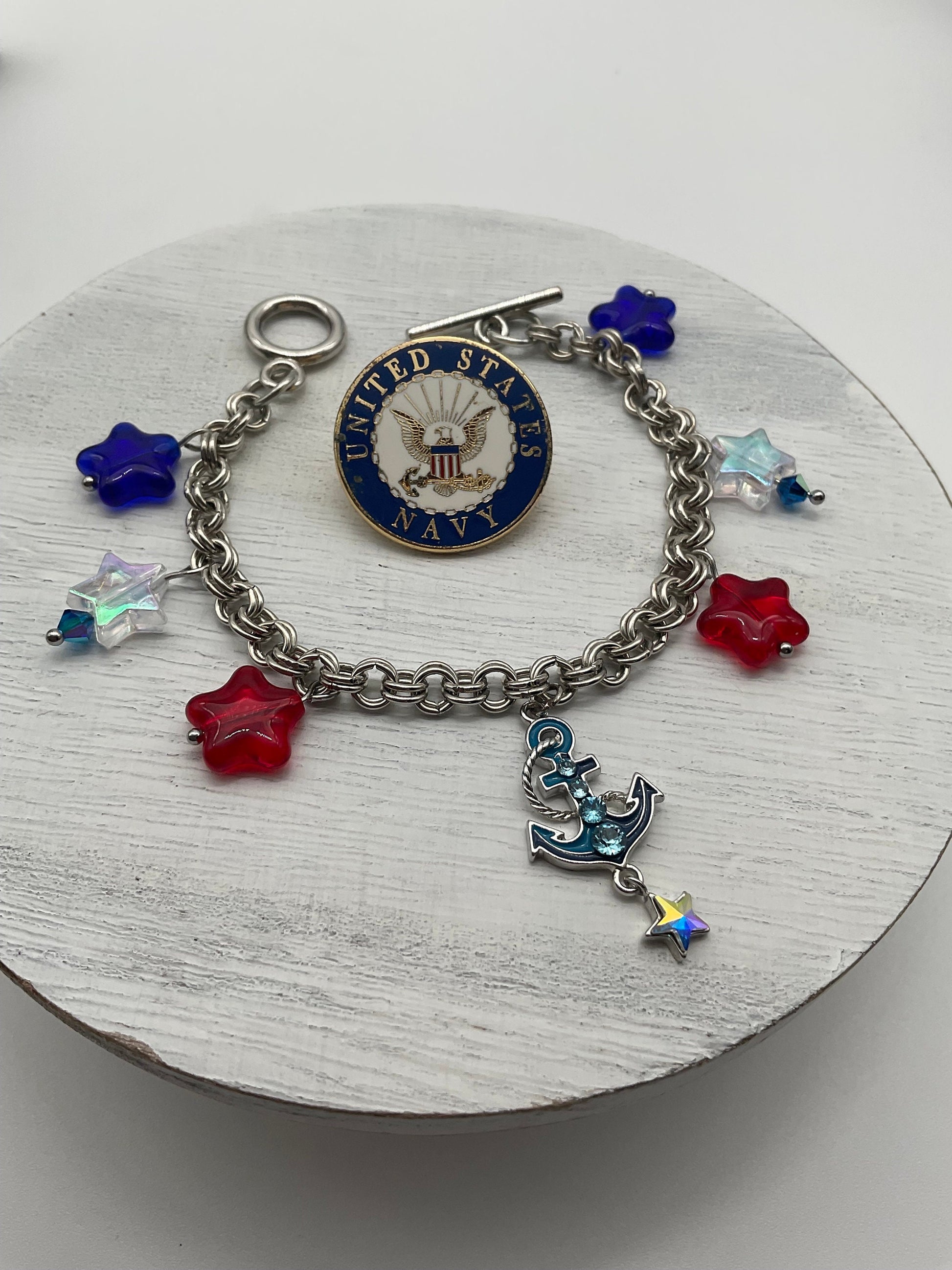 US Navy, Naval Sailor Anchor’s Away Bracelet Red , White and Blue Military Armed Forces USNC Stars Jewelry - 10% Donation to the USO