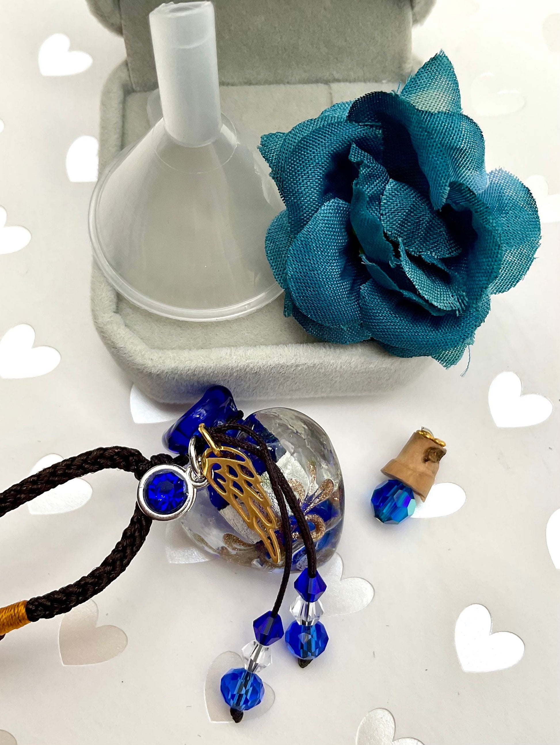 Blue or Aqual Teal Glass Ash Urn Heart Shaped Necklace Angel Charm with Birthstone for Male or Female Cremation Funeral Memorial