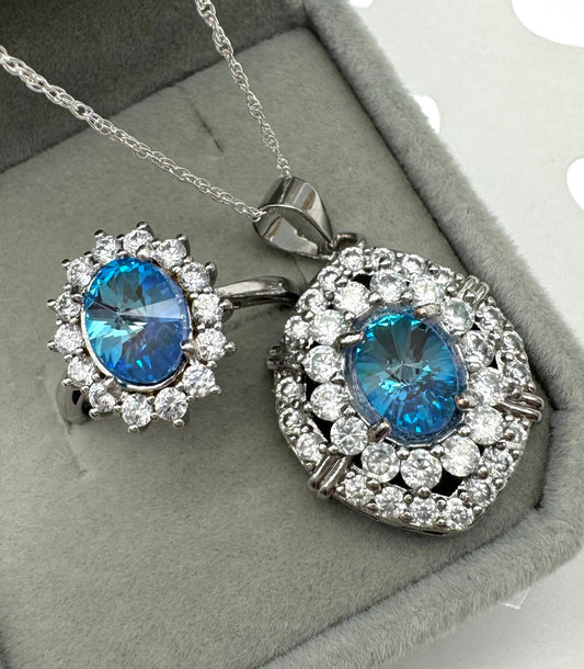 Oval Shaped Blue Topaz Crystal Silver Necklace and Ring Set - Wedding Prom Formal Jewelry