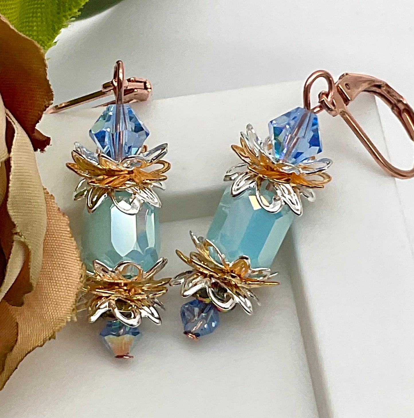 Blue Chez Glass Dangle Drop Earrings with Crystal Accents