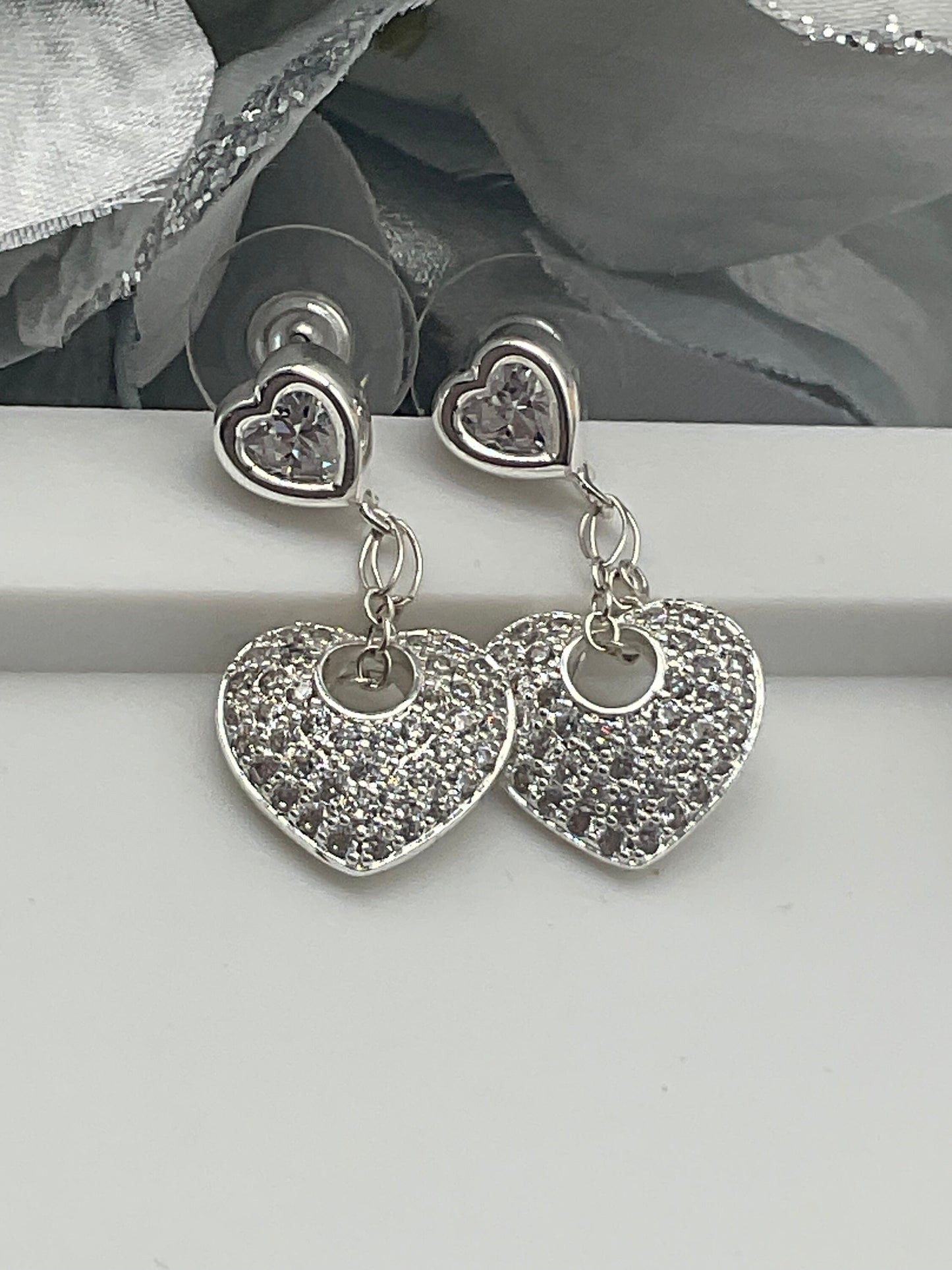 Diamond Accent Heart Dangle Earrings with Silver Heart Posts - Valentine Day Gift for Her