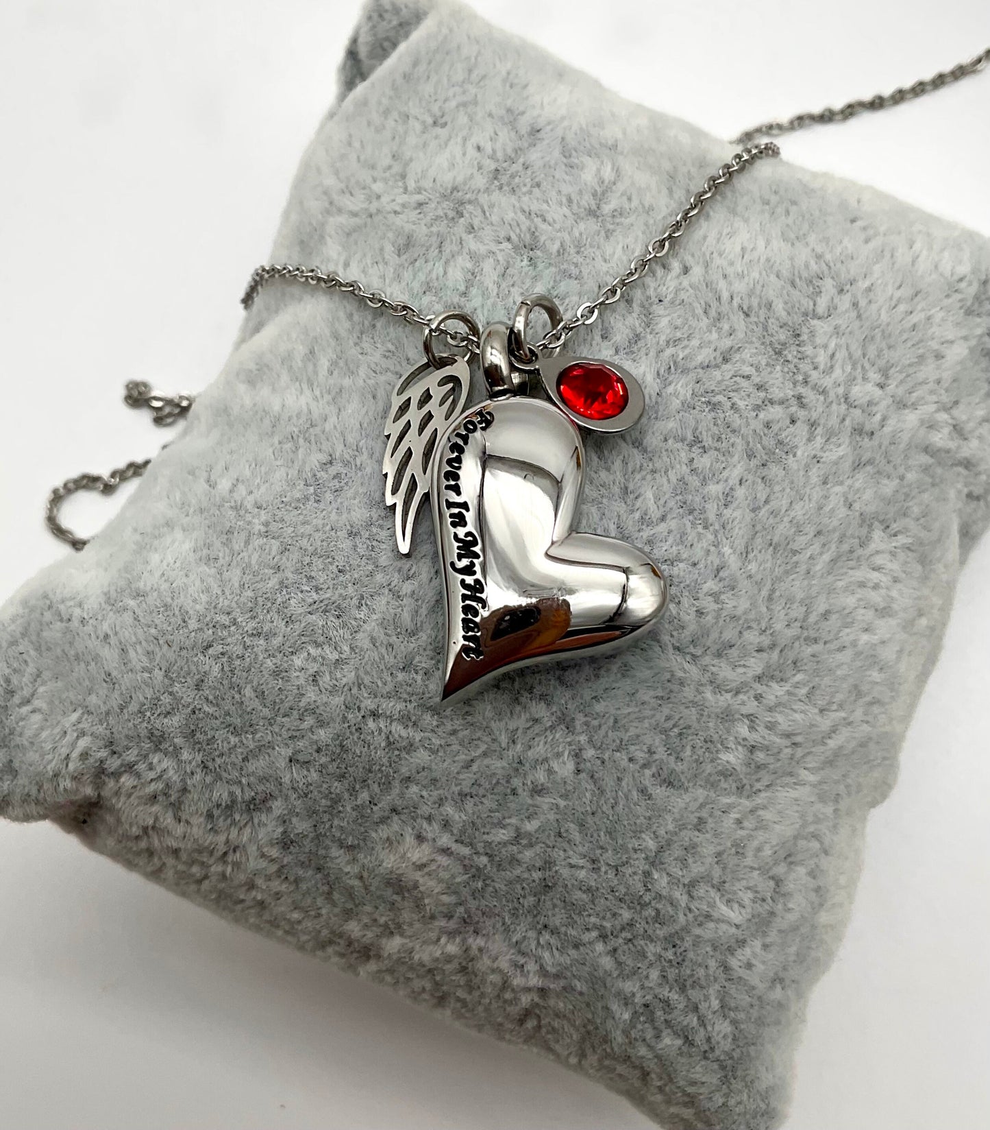 Silver Heart with Rhinestones Ash Urn Necklace Angel Charm with Birthstone for Male or Female Funeral Memorial Jewelry