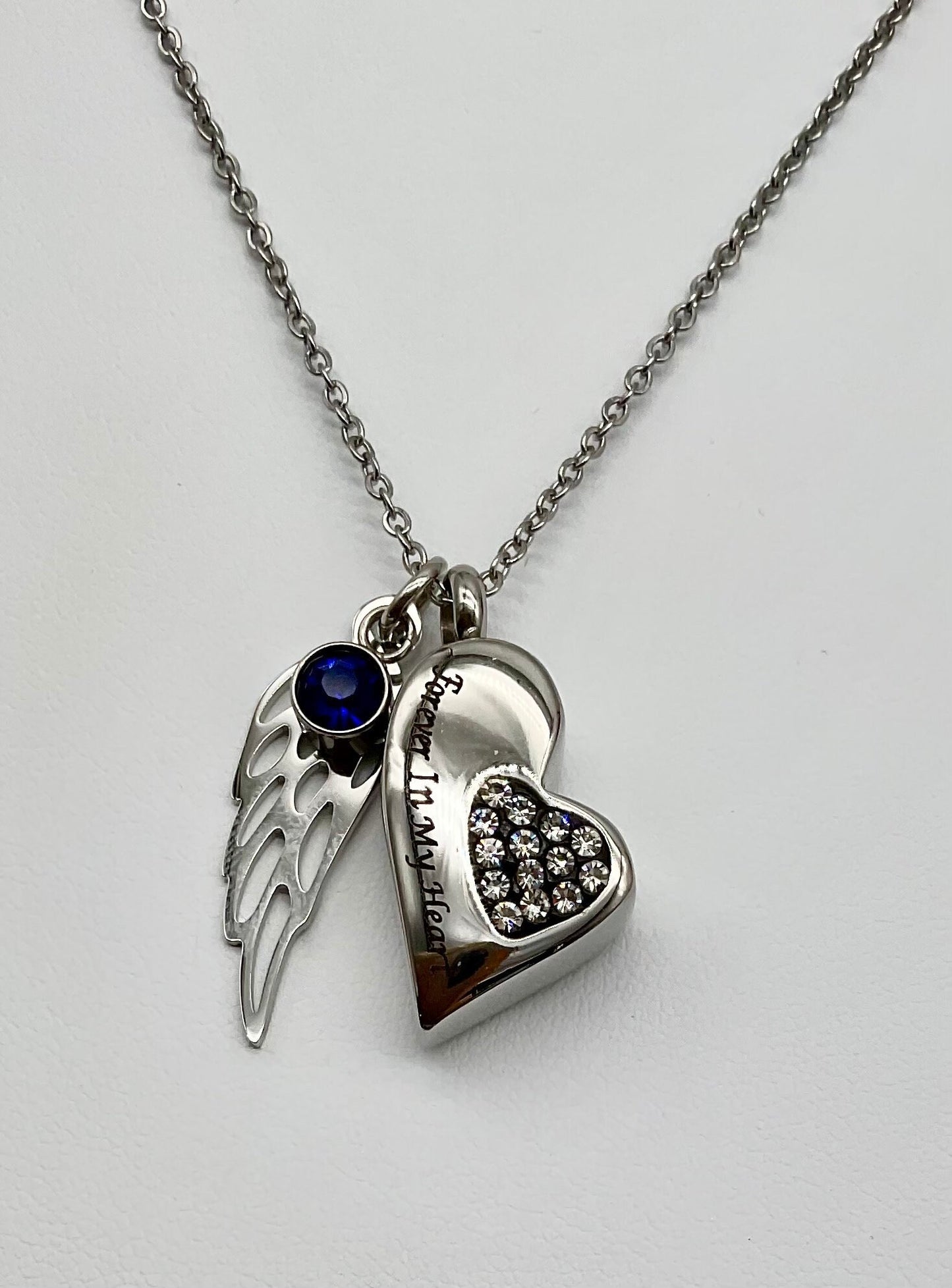 Silver Heart with Rhinestones Ash Urn Necklace Angel Charm with Birthstone for Male or Female Funeral Memorial Jewelry