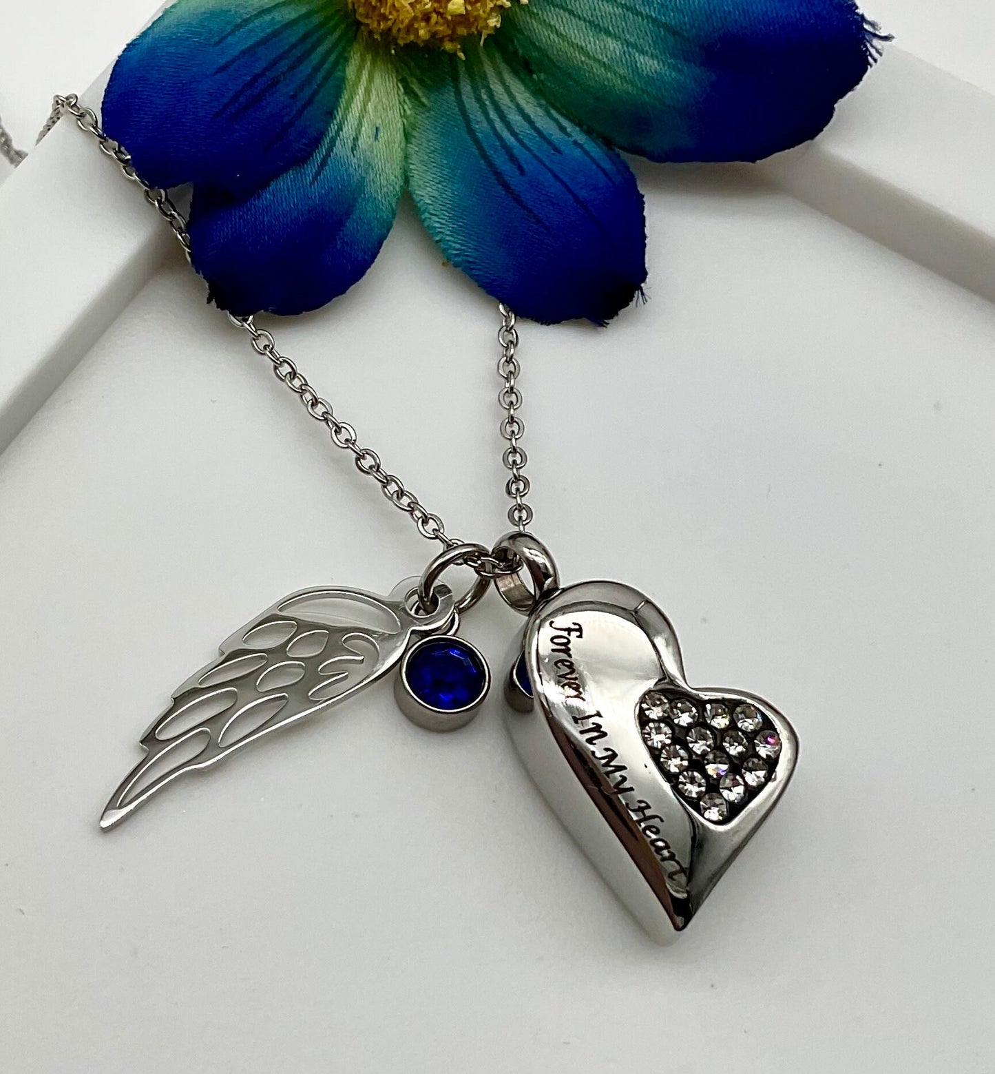 Silver Heart with Rhinestones Ash Urn Necklace Angel Charm with Birthstone for Male or Female Funeral Memorial Jewelry