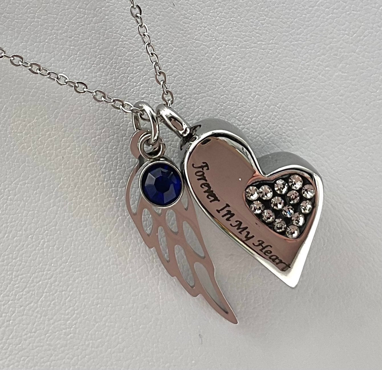 Silver Heart with Rhinestones Ash Urn Necklace Angel Charm with Birthstone for Male or Female Funeral Memorial Jewelry