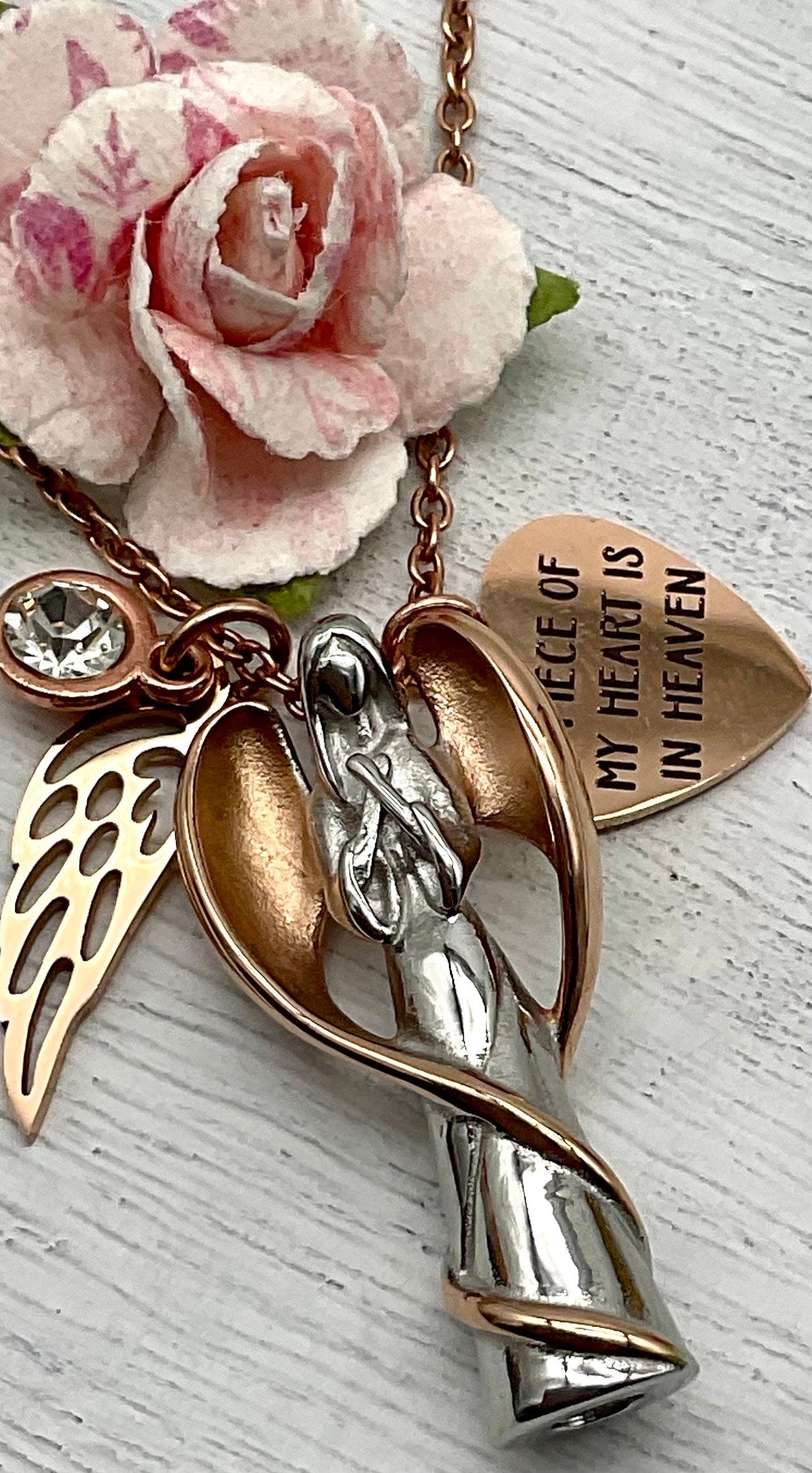 Silver and Rose Gold Angel Ash Urn Necklace with Birthstone and Angel Wing - Personalization for Male or Female Funeral Memorial