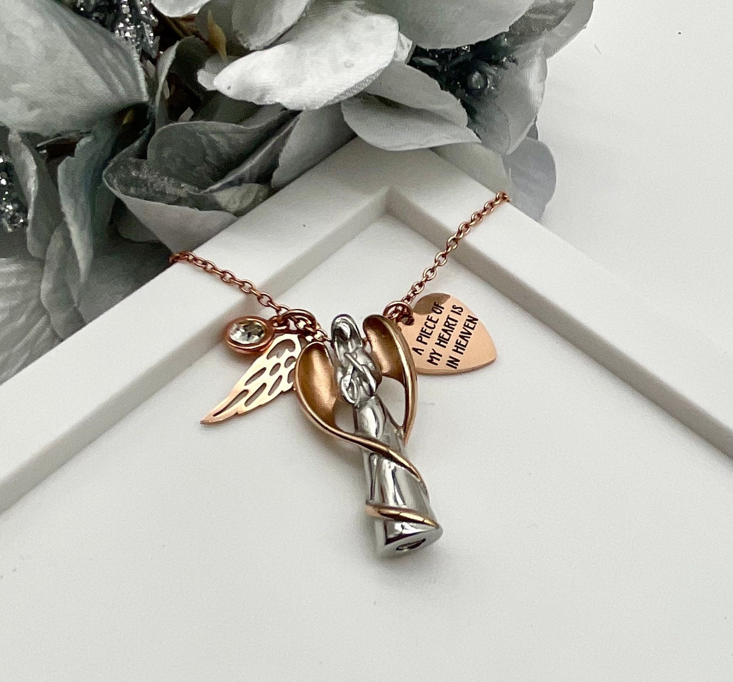 Silver and Rose Gold Angel Ash Urn Necklace with Birthstone and Angel Wing - Personalization for Male or Female Funeral Memorial