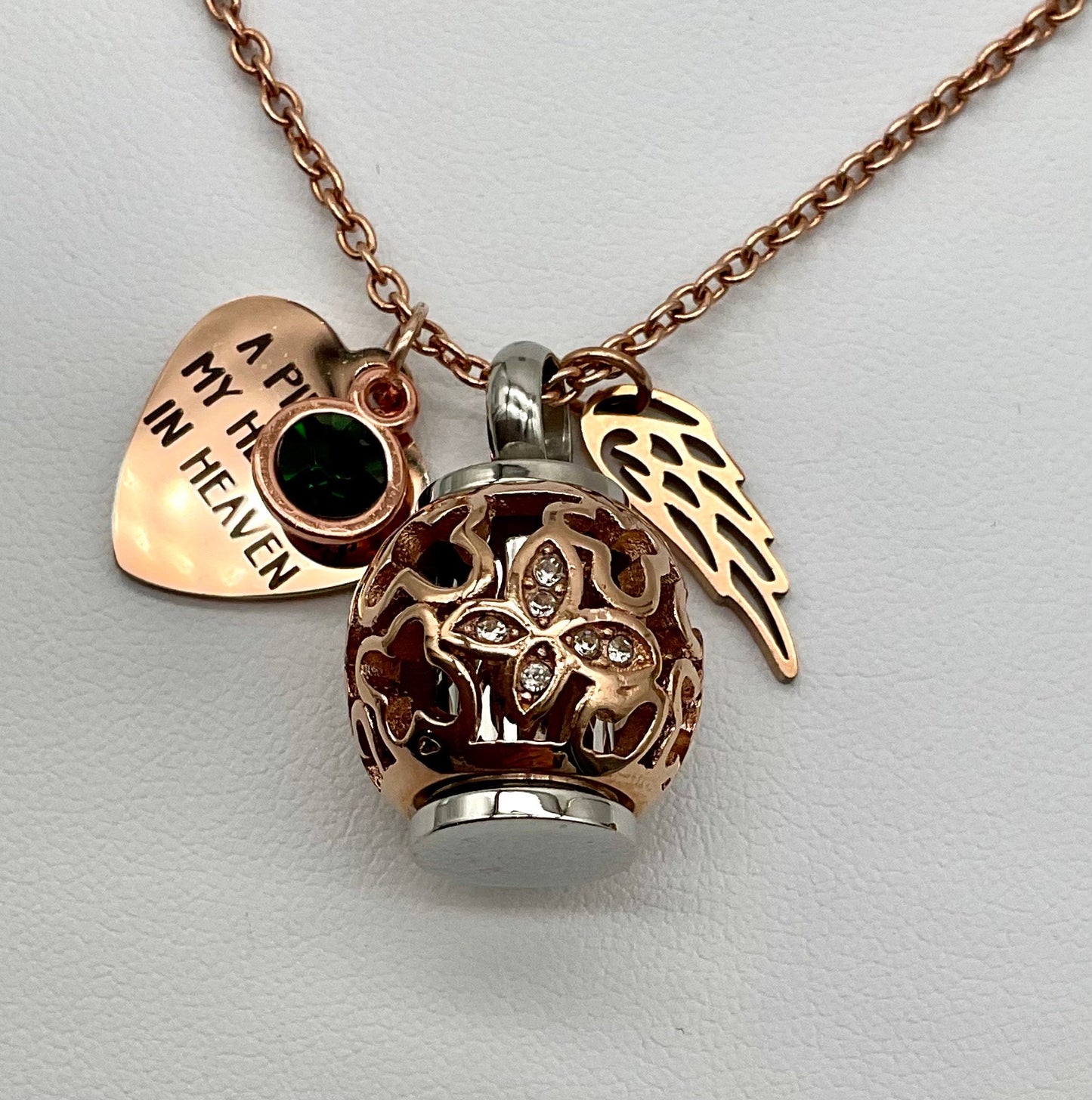 Pink, Rose Gold or Silver Ash Urn Necklace with Birthstone and Angel Wing Charm - Funeral Memorial Jewelry