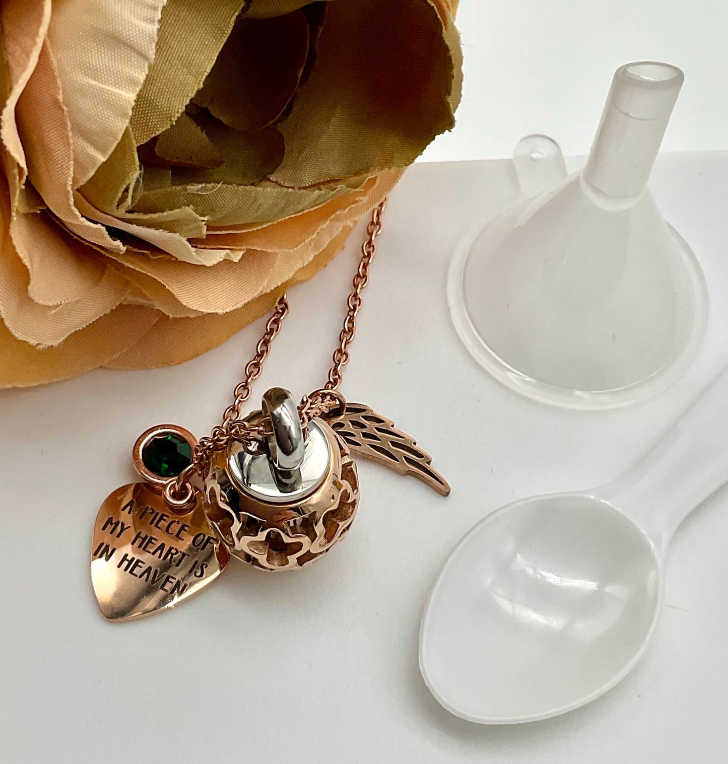 Pink, Rose Gold or Silver Ash Urn Necklace with Birthstone and Angel Wing Charm - Funeral Memorial Jewelry