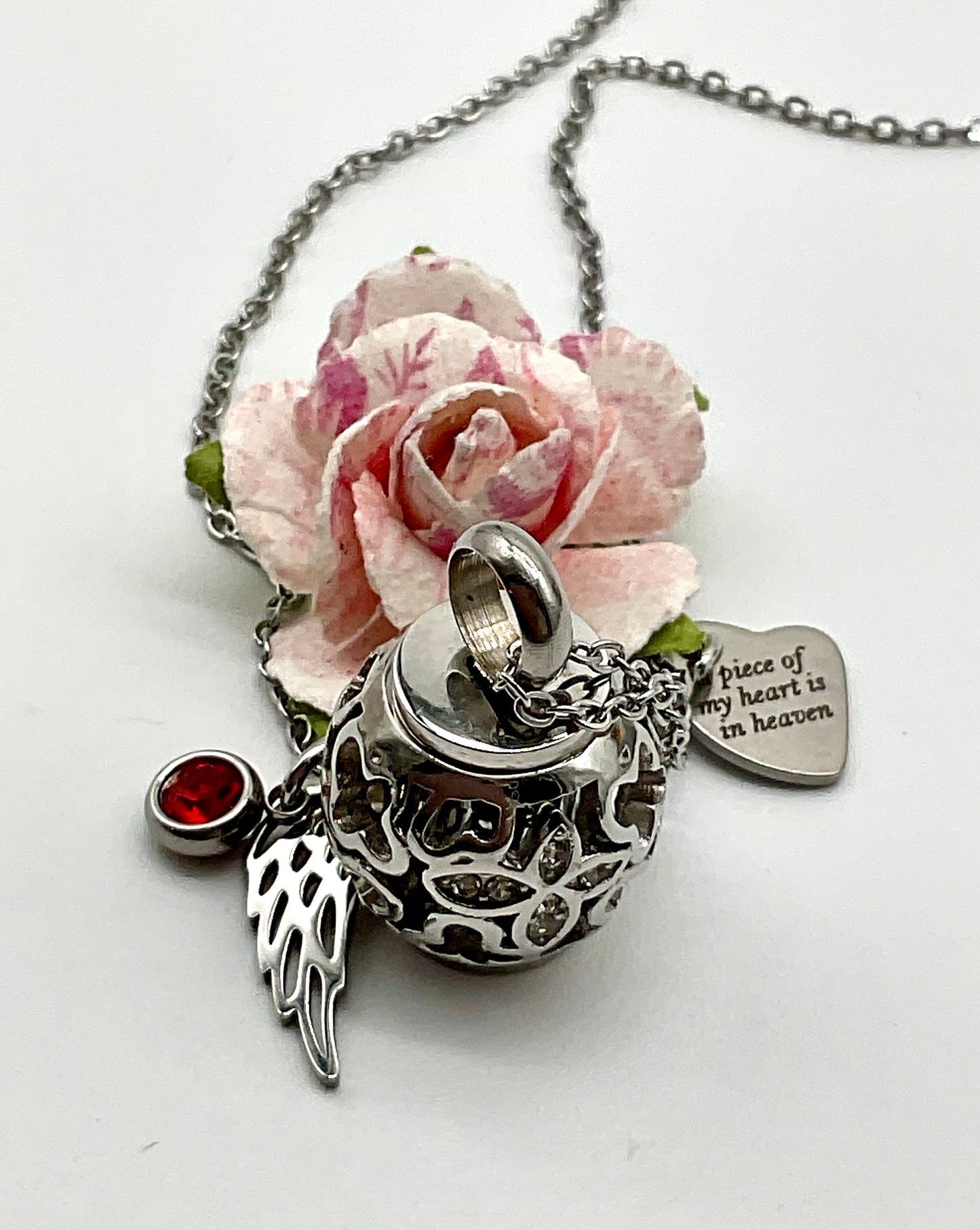 Pink, Rose Gold or Silver Ash Urn Necklace with Birthstone and Angel Wing Charm - Funeral Memorial Jewelry