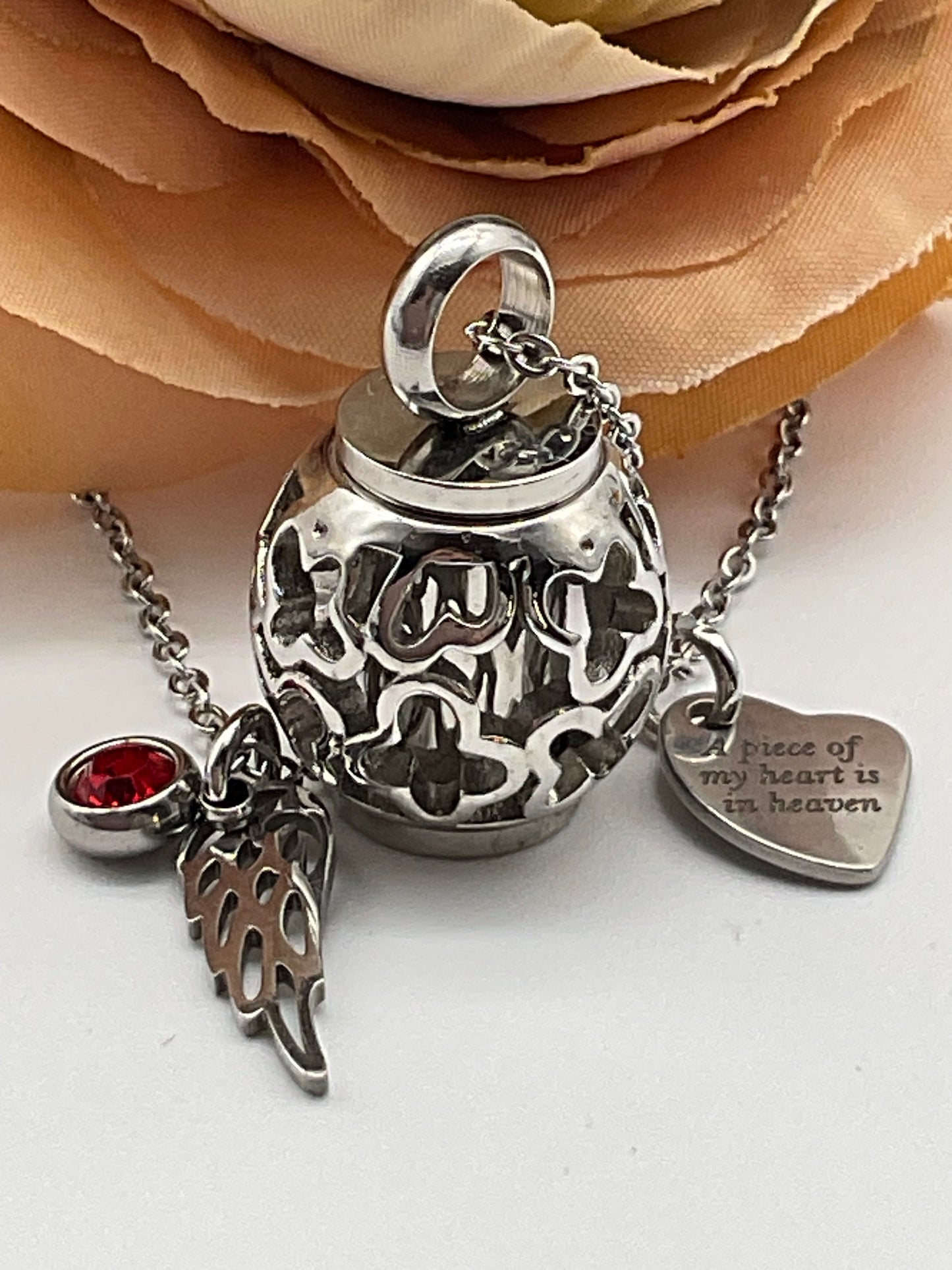 Pink, Rose Gold or Silver Ash Urn Necklace with Birthstone and Angel Wing Charm - Funeral Memorial Jewelry