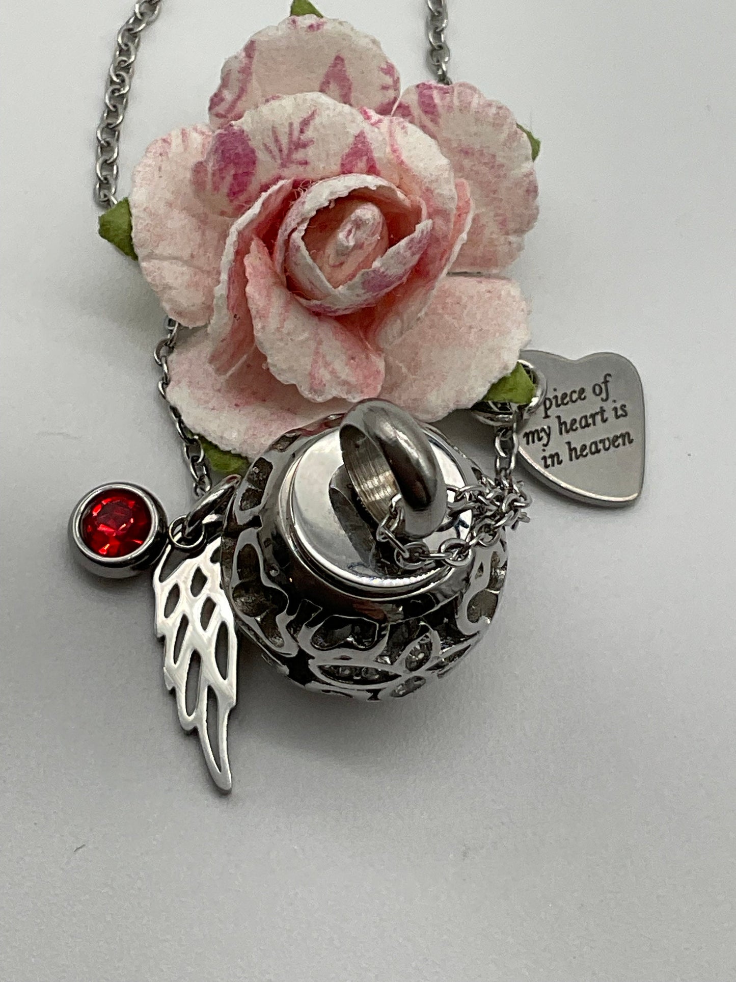 Pink, Rose Gold or Silver Ash Urn Necklace with Birthstone and Angel Wing Charm - Funeral Memorial Jewelry