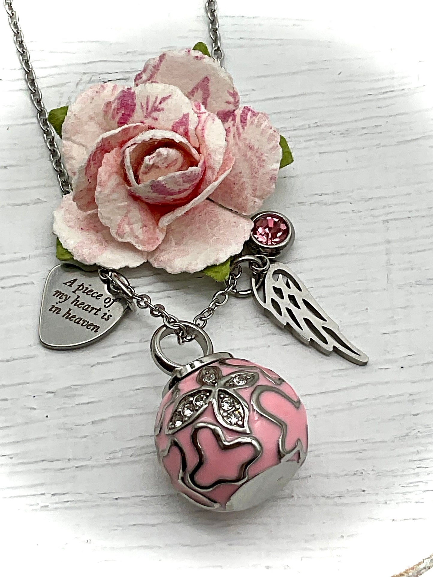 Pink, Rose Gold or Silver Ash Urn Necklace with Birthstone and Angel Wing Charm - Funeral Memorial Jewelry