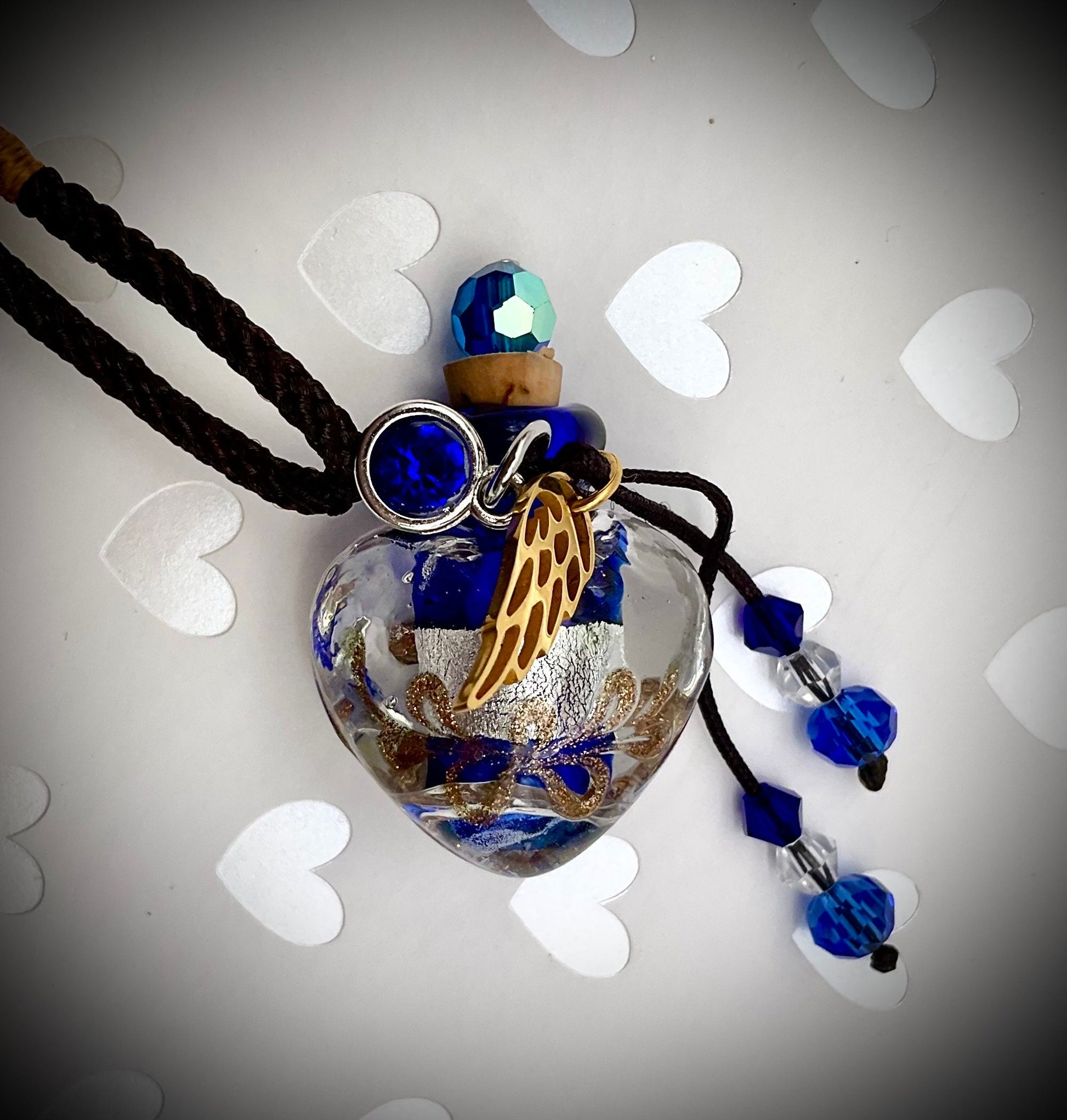 Blue or Aqual Teal Glass Ash Urn Heart Shaped Necklace Angel Charm with Birthstone for Male or Female Cremation Funeral Memorial