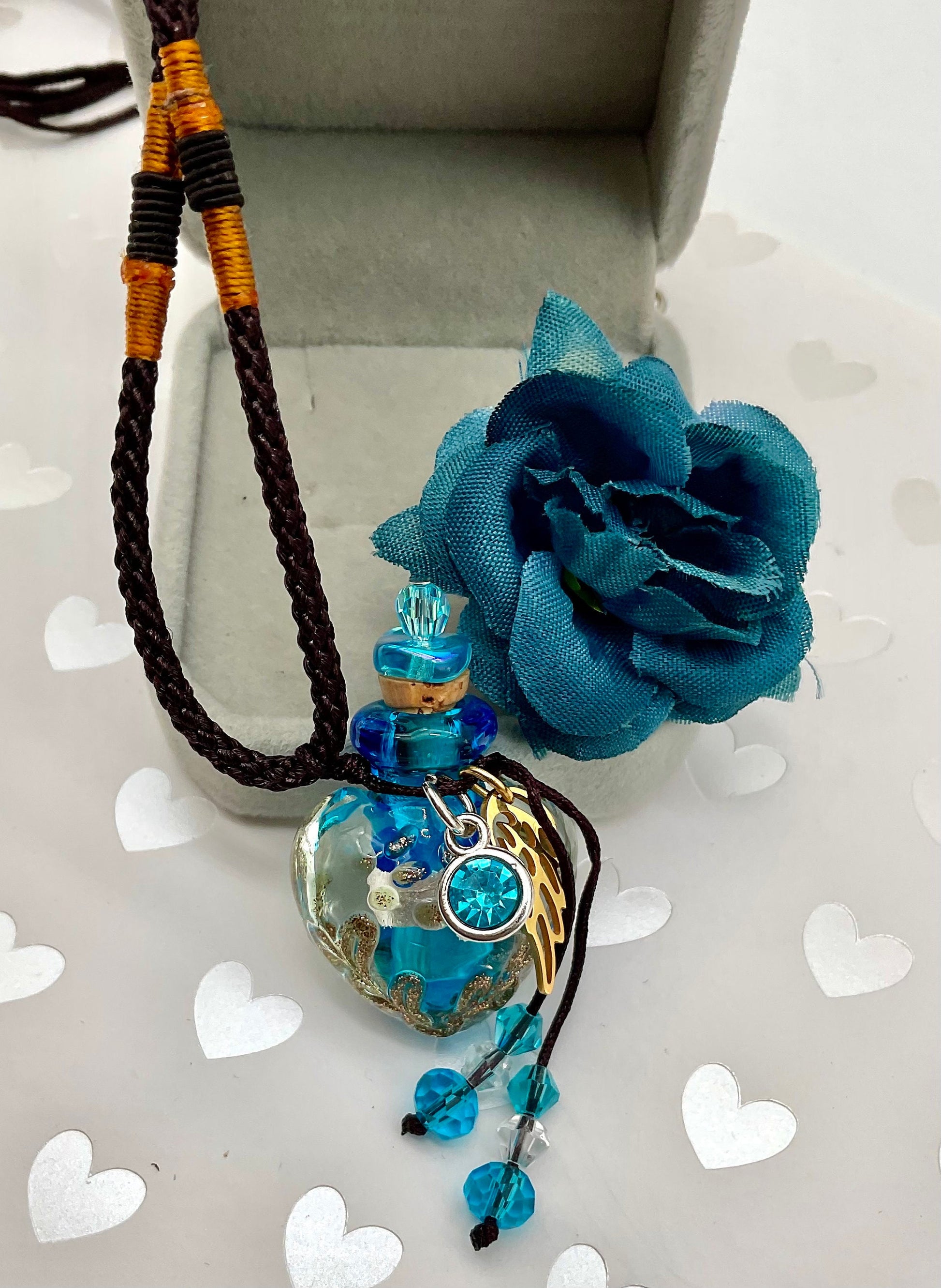 Blue or Aqual Teal Glass Ash Urn Heart Shaped Necklace Angel Charm with Birthstone for Male or Female Cremation Funeral Memorial