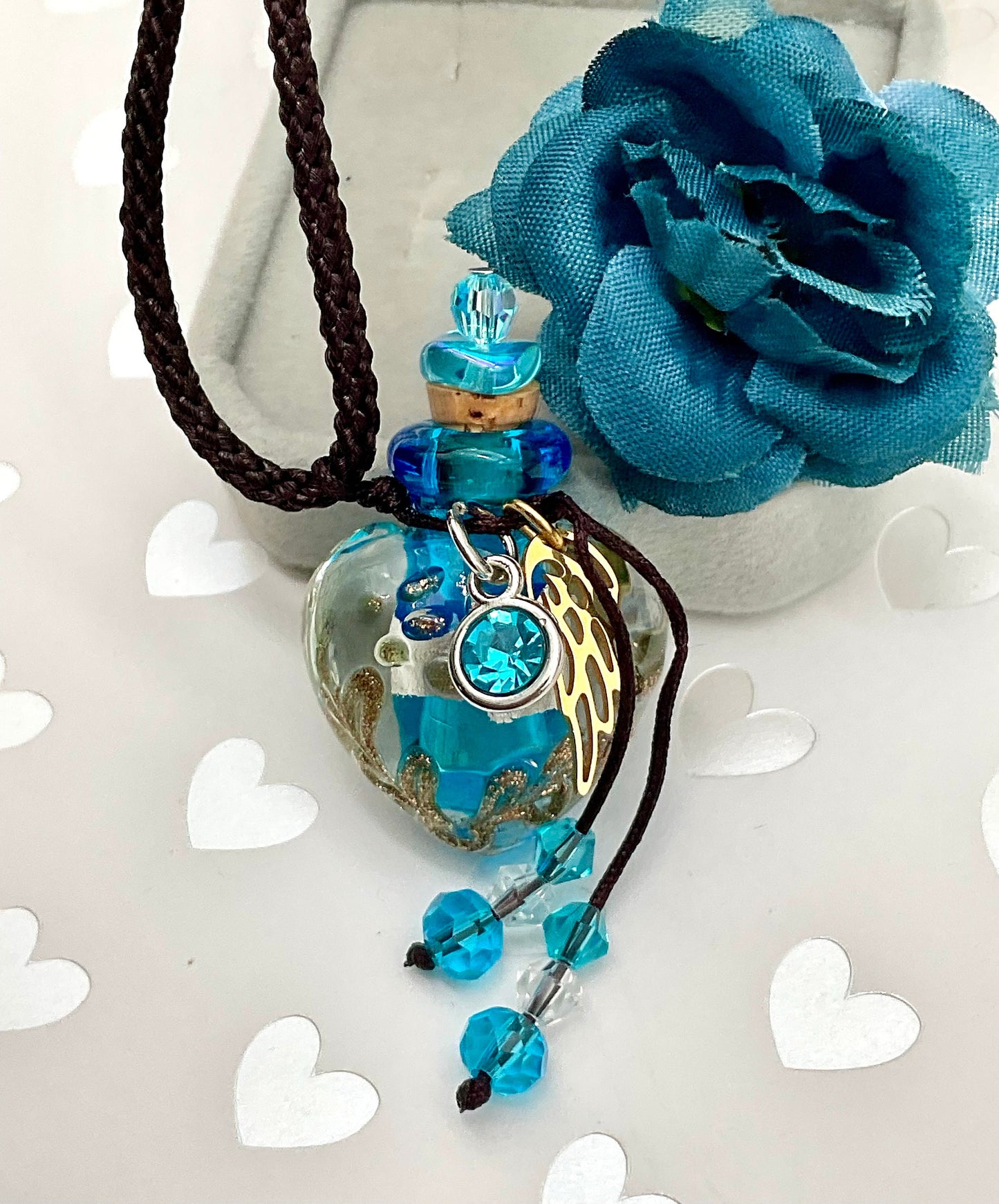 Blue or Aqual Teal Glass Ash Urn Heart Shaped Necklace Angel Charm with Birthstone for Male or Female Cremation Funeral Memorial