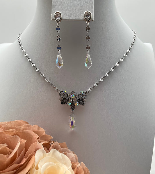 Crystal Accent Floral Necklace and Crystal Earring Set - Wedding Prom Formal Jewelry