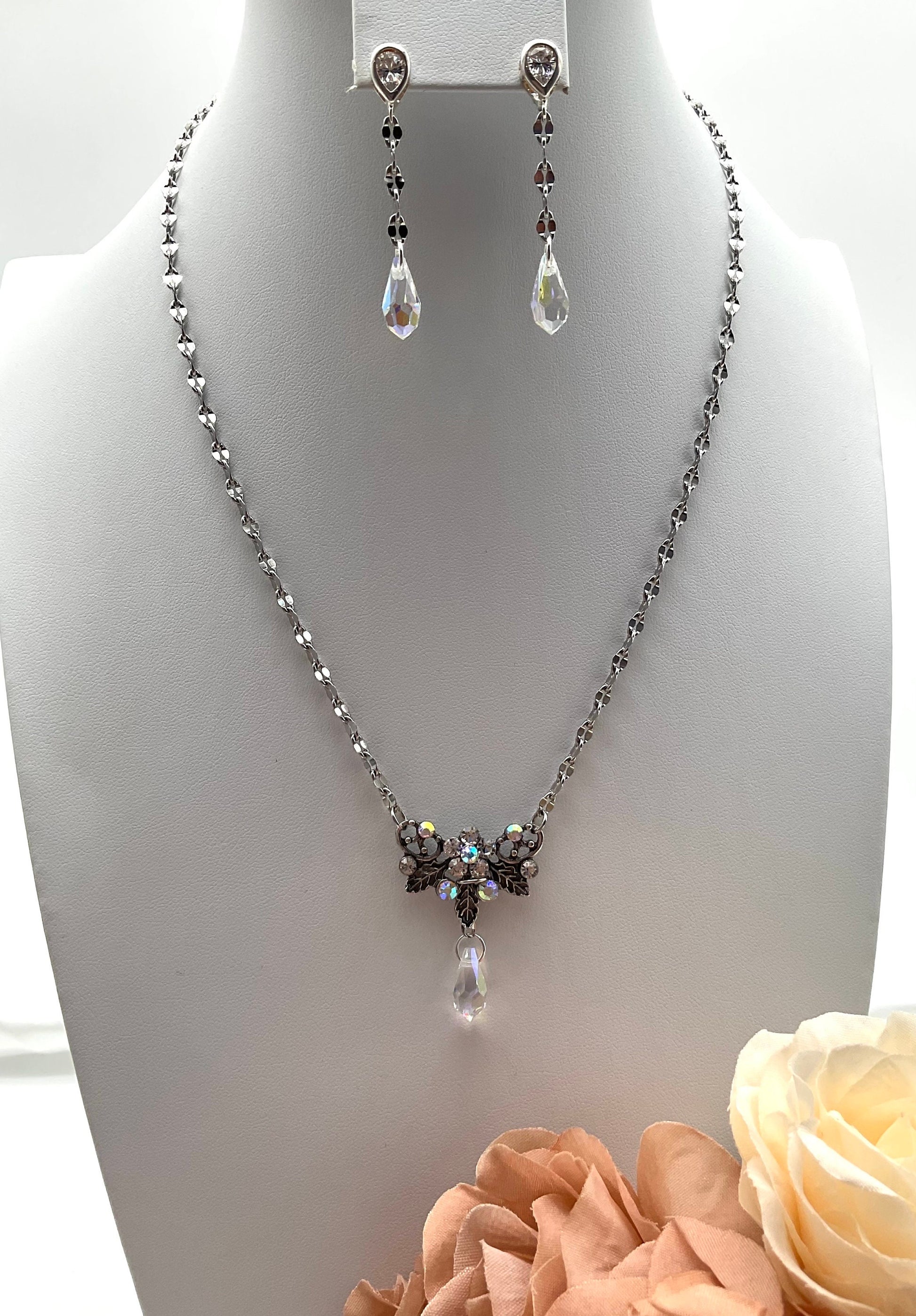 Crystal Accent Floral Necklace and Crystal Earring Set - Wedding Prom Formal Jewelry