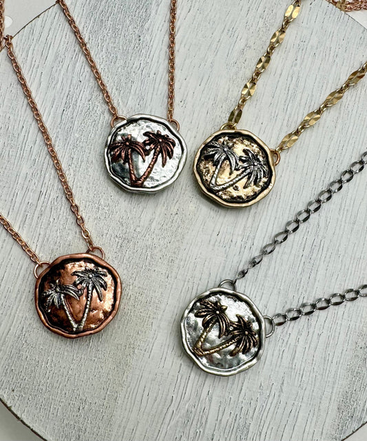 Palmetto Tree Palm Tree Tropical Style Necklace Gold, Silver, Rose Gold, or Silver with Rose Gold