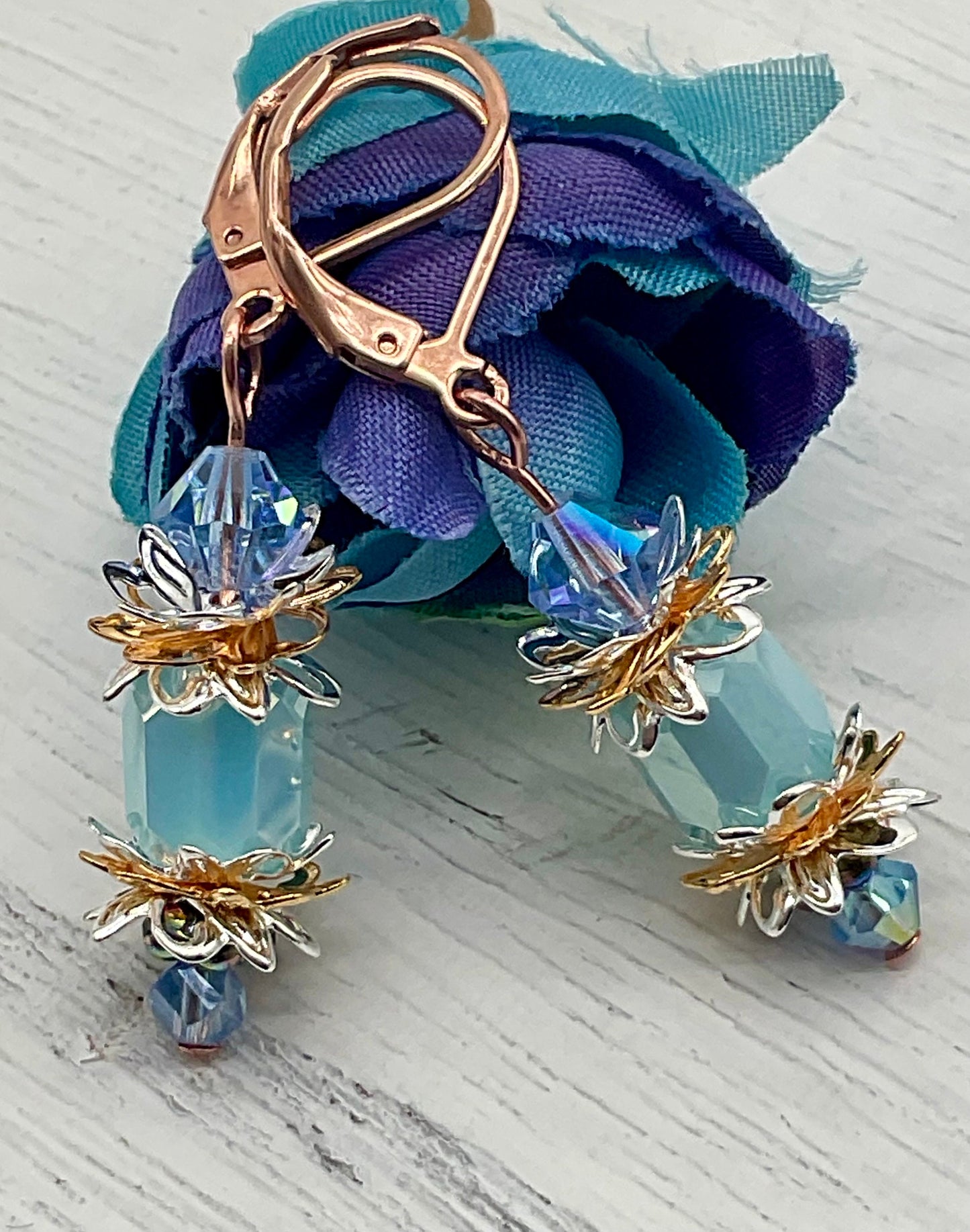 Blue Chez Glass Dangle Drop Earrings with Crystal Accents