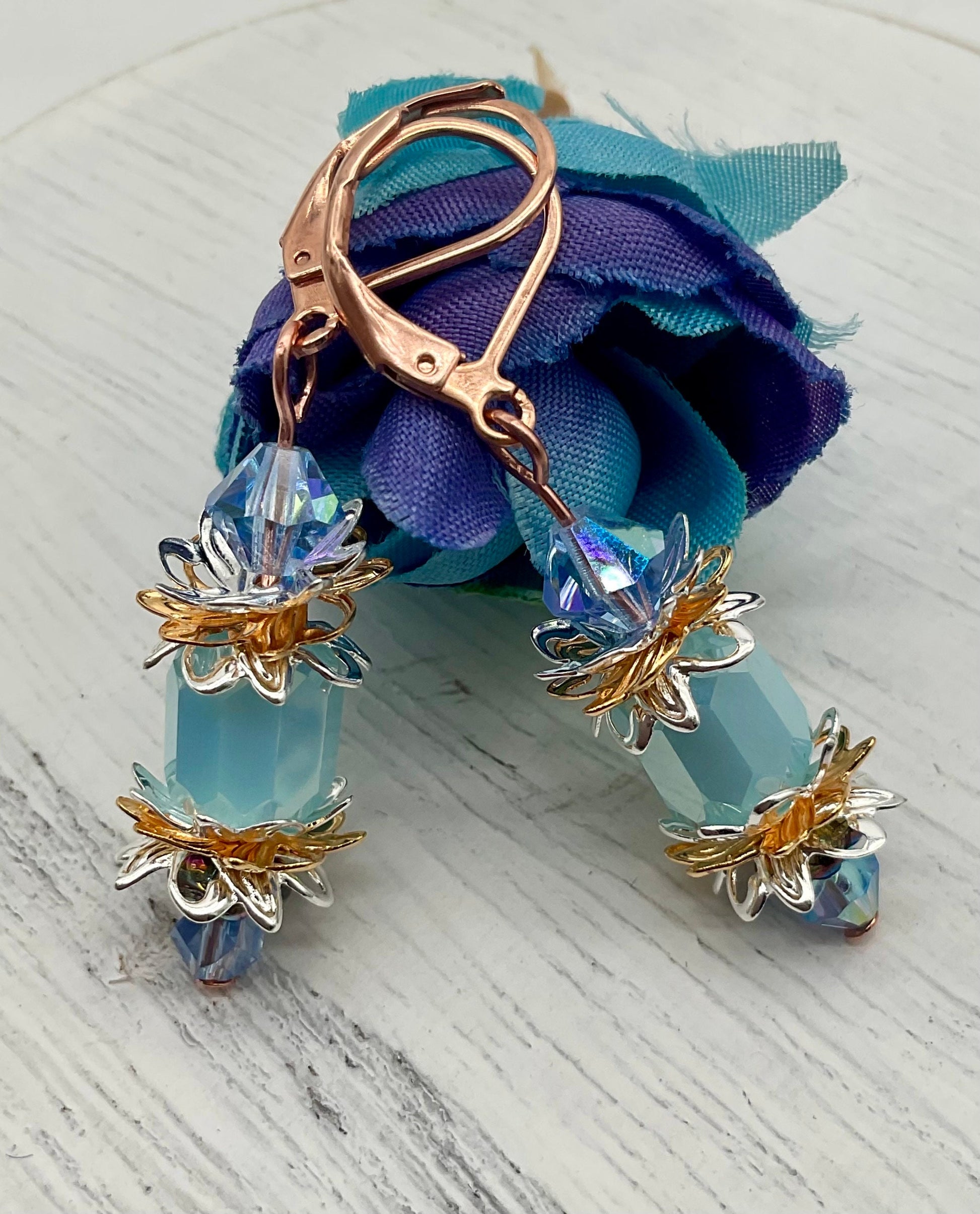 Blue Chez Glass Dangle Drop Earrings with Crystal Accents