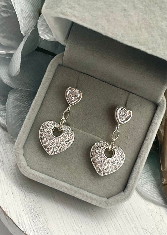 Diamond Accent Heart Dangle Earrings with Silver Heart Posts - Valentine Day Gift for Her