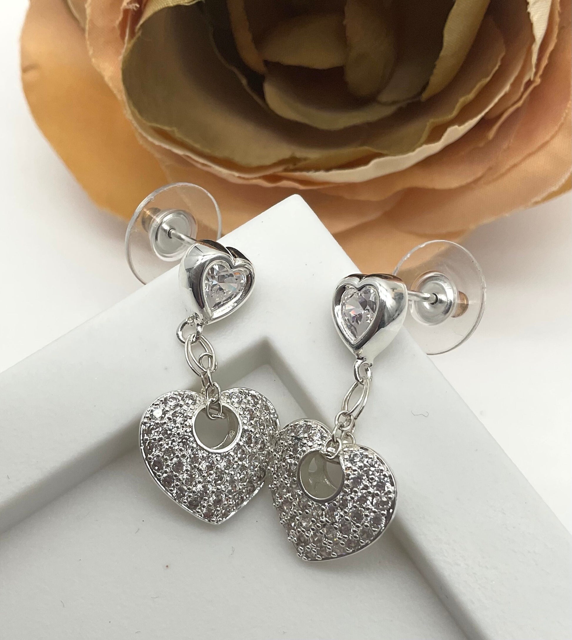 Diamond Accent Heart Dangle Earrings with Silver Heart Posts - Valentine Day Gift for Her