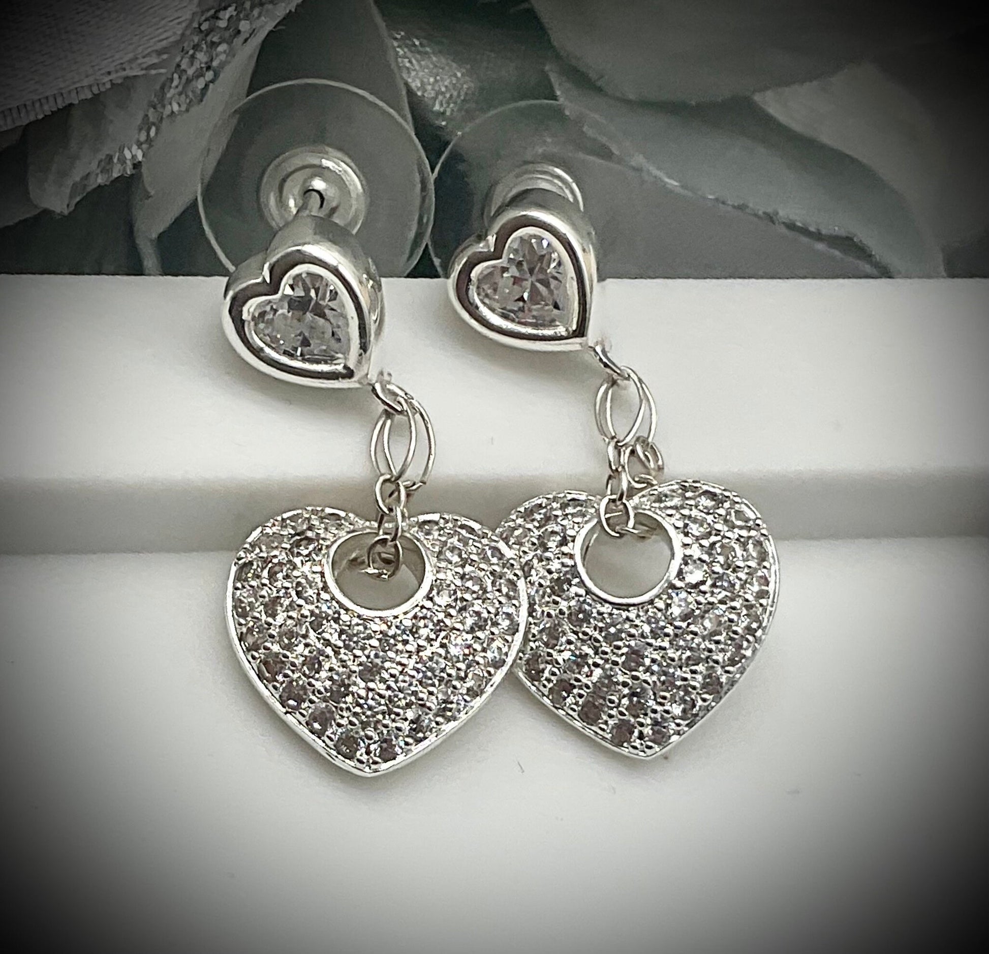 Diamond Accent Heart Dangle Earrings with Silver Heart Posts - Valentine Day Gift for Her