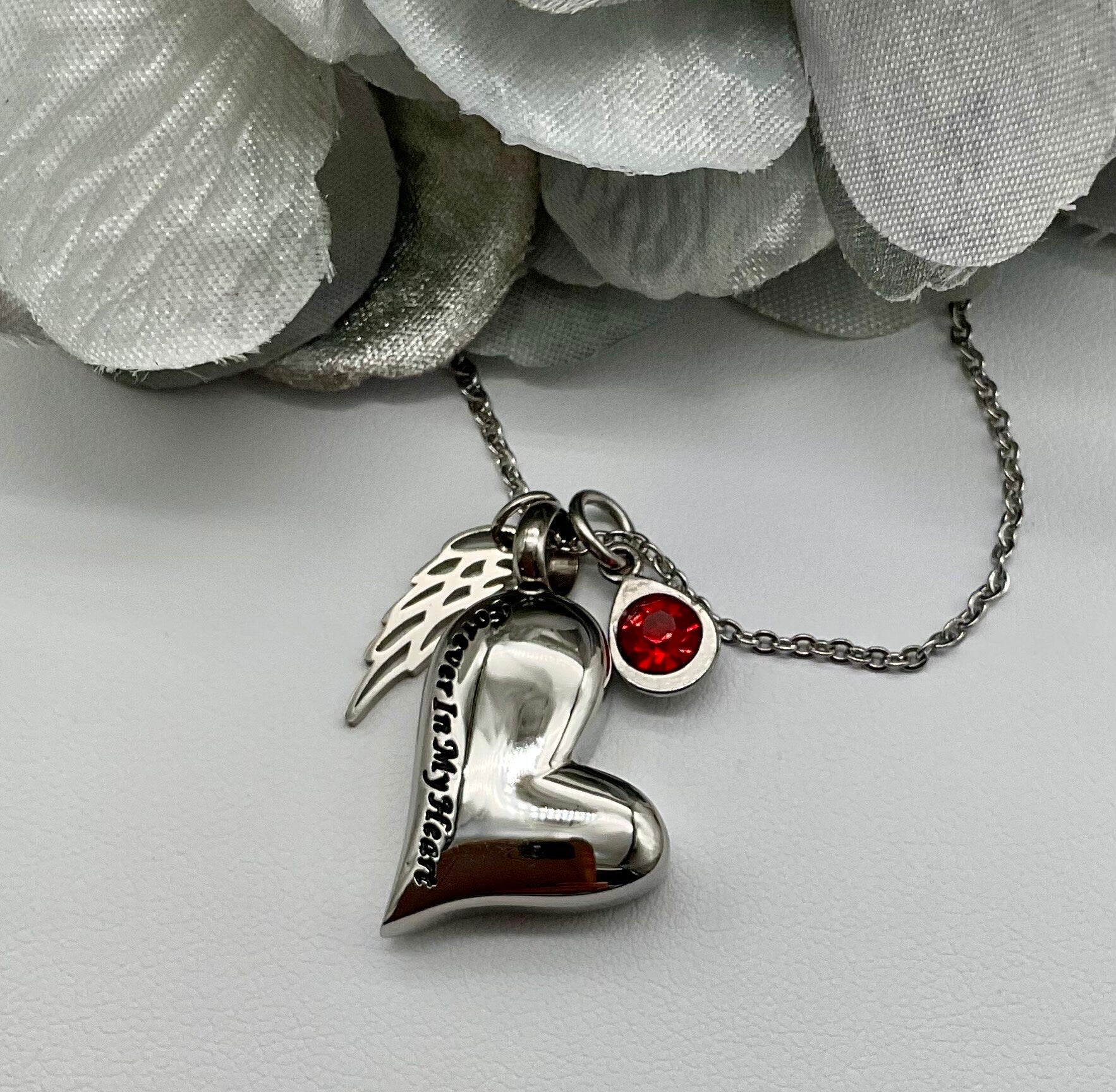 Silver Heart with Rhinestones Ash Urn Necklace Angel Charm with Birthstone for Male or Female Funeral Memorial Jewelry