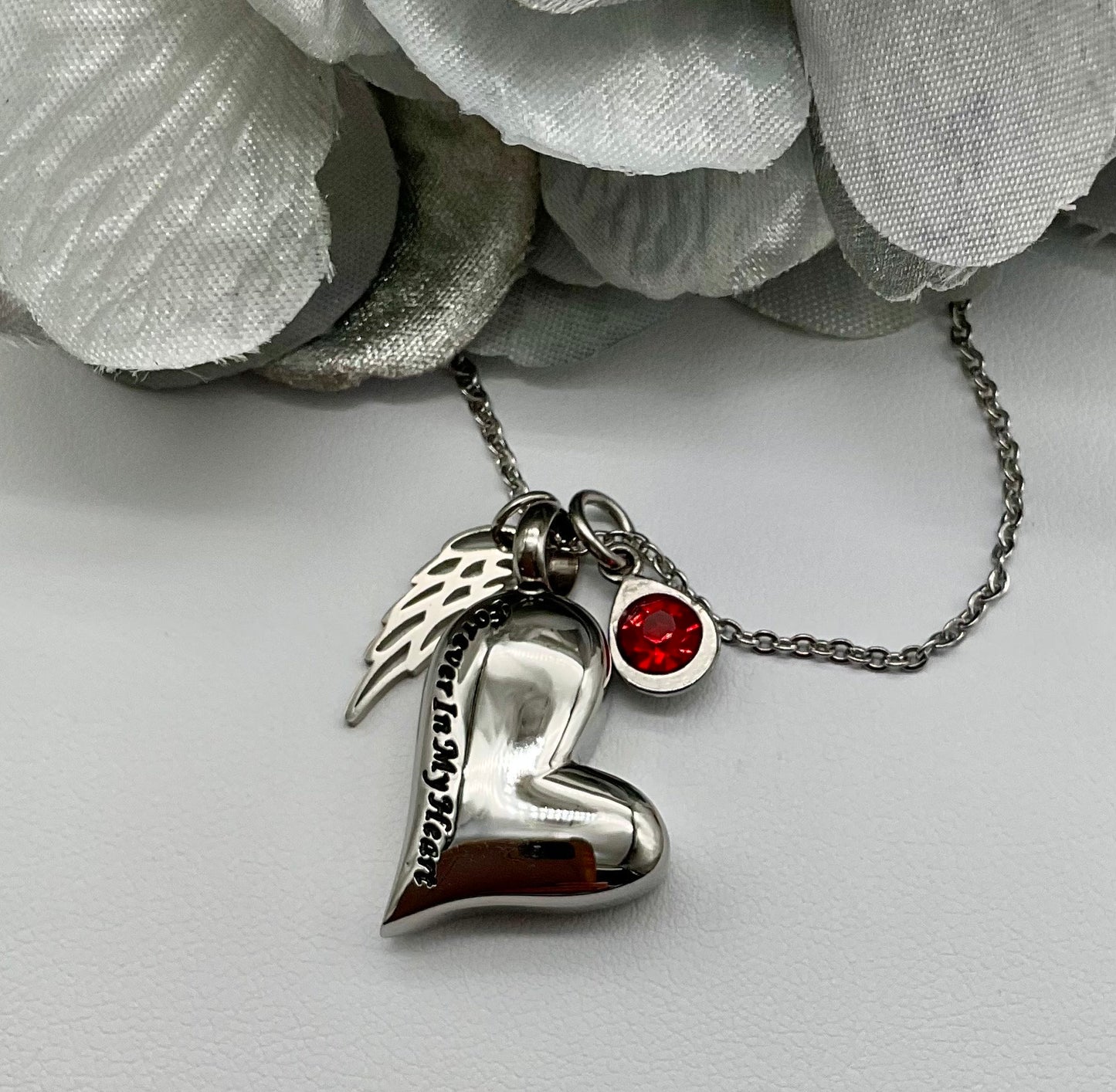 Silver Heart with Rhinestones Ash Urn Necklace Angel Charm with Birthstone for Male or Female Funeral Memorial Jewelry