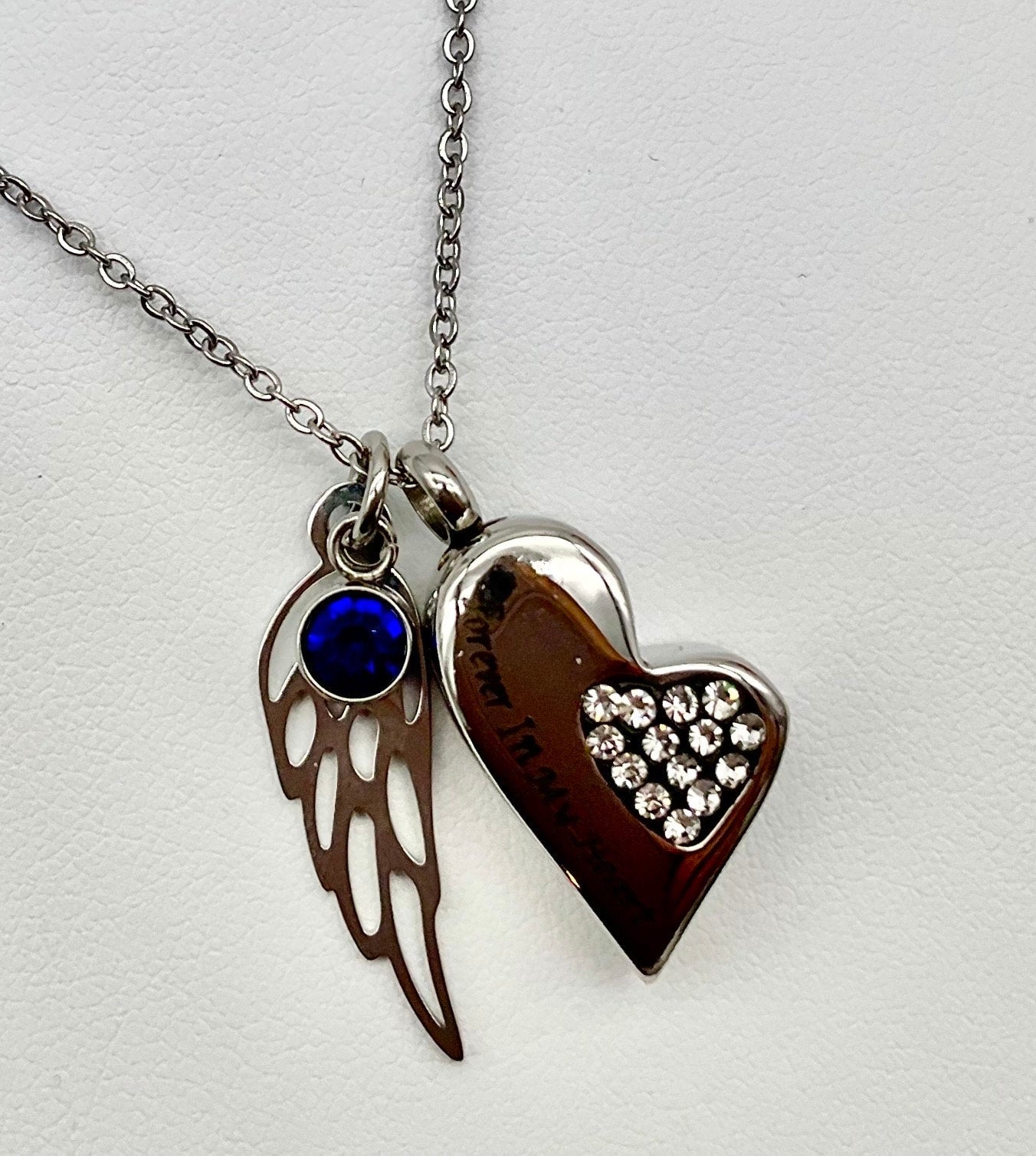 Silver Heart with Rhinestones Ash Urn Necklace Angel Charm with Birthstone for Male or Female Funeral Memorial Jewelry