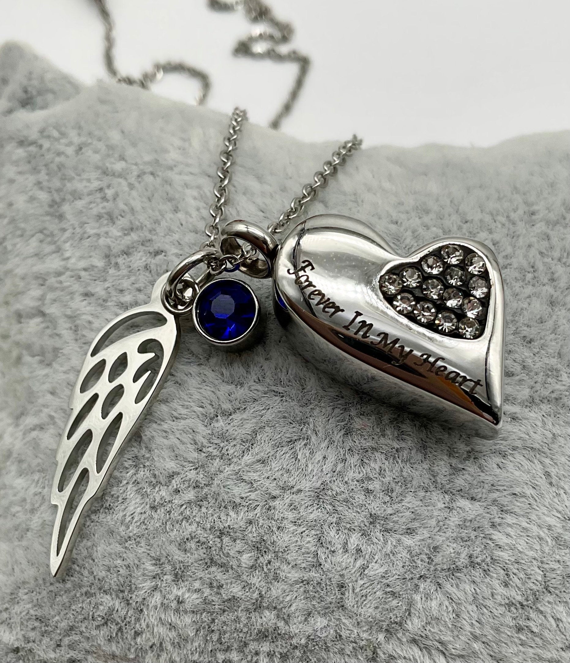 Silver Heart with Rhinestones Ash Urn Necklace Angel Charm with Birthstone for Male or Female Funeral Memorial Jewelry