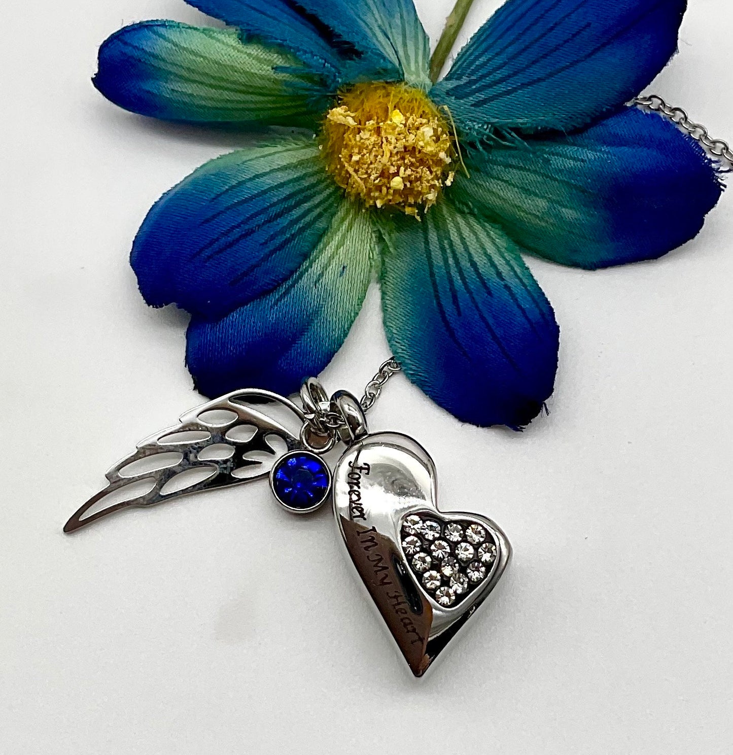 Silver Heart with Rhinestones Ash Urn Necklace Angel Charm with Birthstone for Male or Female Funeral Memorial Jewelry