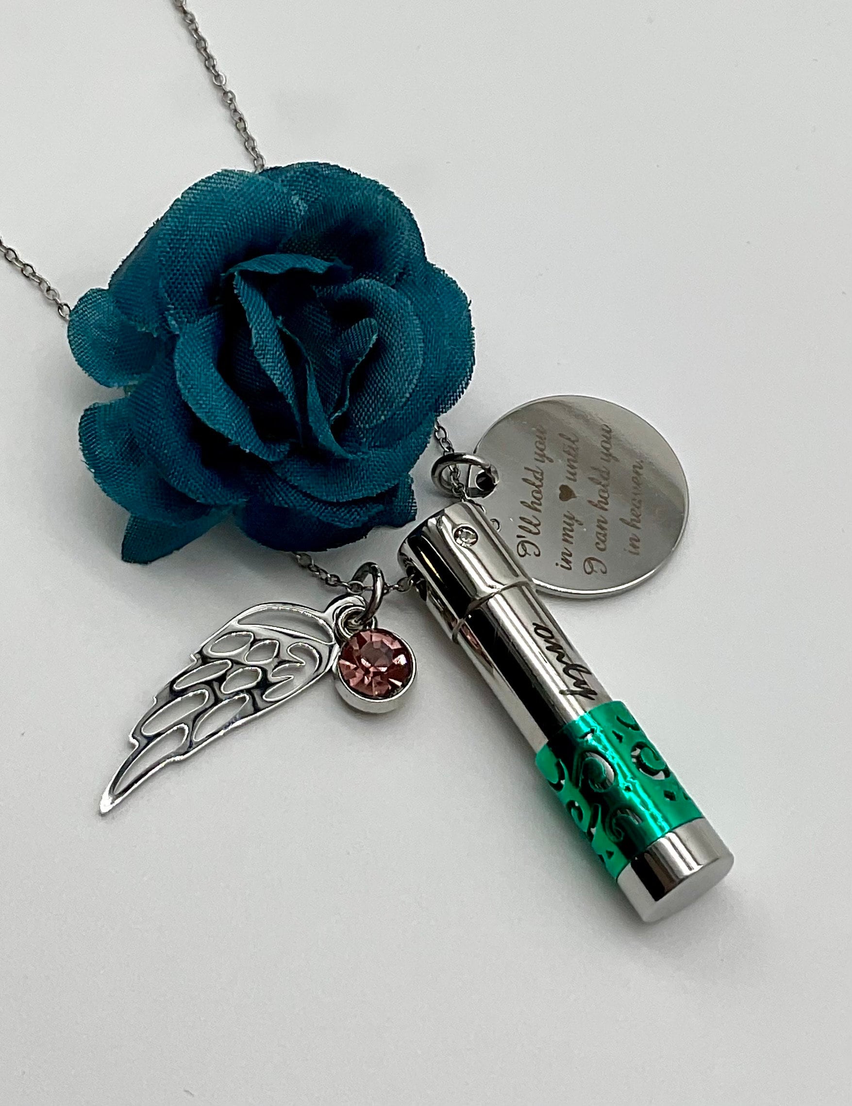 Teal Ash Urn Necklace Charm Birthstone with Personalization for Male or Female Funeral Memorial Jewelry